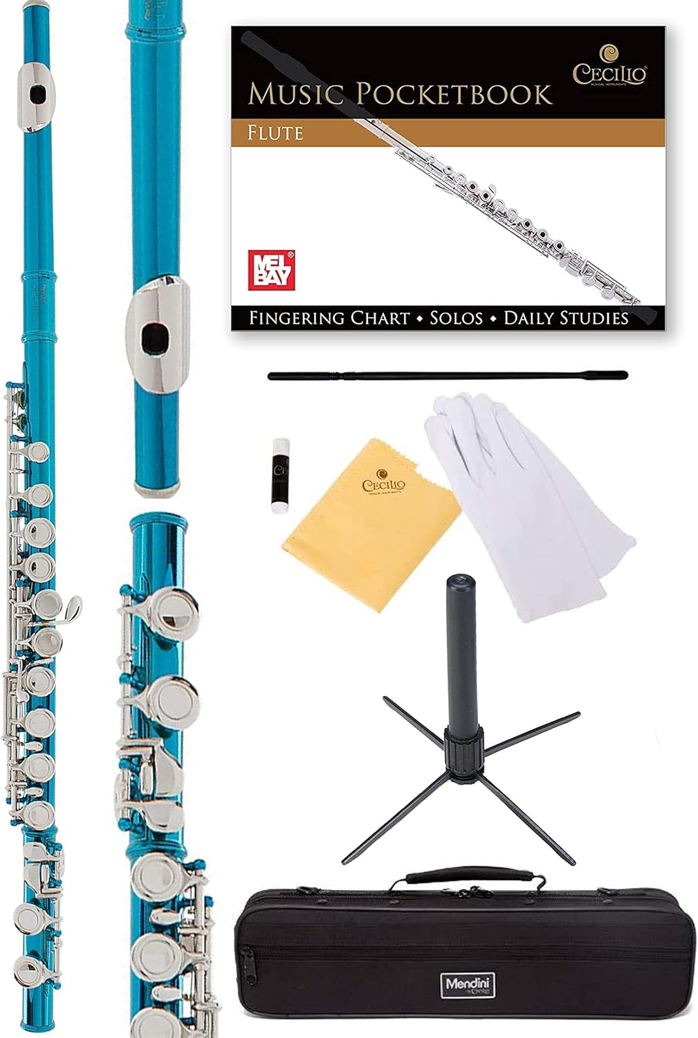 Mendini By Cecilio Flutes - Closed Hole C Flute For Beginners, 16-Key Flute with a Case, Stand, Lesson Book, and Cleaning Kit, Musical Instrument for Kids, Sky Blue Flute