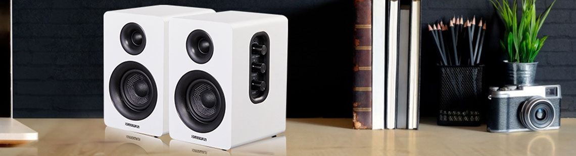 SW208 3&#34; Active Bluetooth 5.0 Bookshelf Speakers  60W Carbon Fiber Speaker Unit - Built-in 24bit DAC Dynamic 3D Surround Sound 2.0 Computer PC Monitor Gaming (Pair, White)