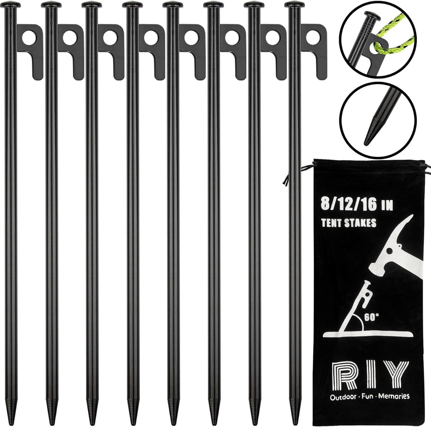 8 Pack Tent Stakes Heavy Duty 12 inch Steel Tent Pegs for Camping Unbreakable and Inflexible