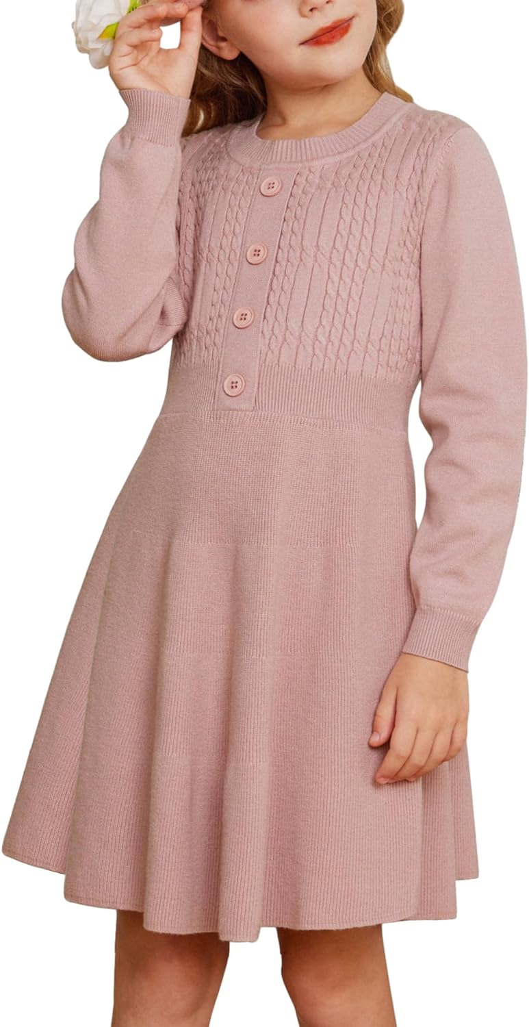 GRACE KARIN Girl Dress Long Sleeve Sweater Ruffle Button Front Knit Casual Fall Winter Dresses for Girls 5-12