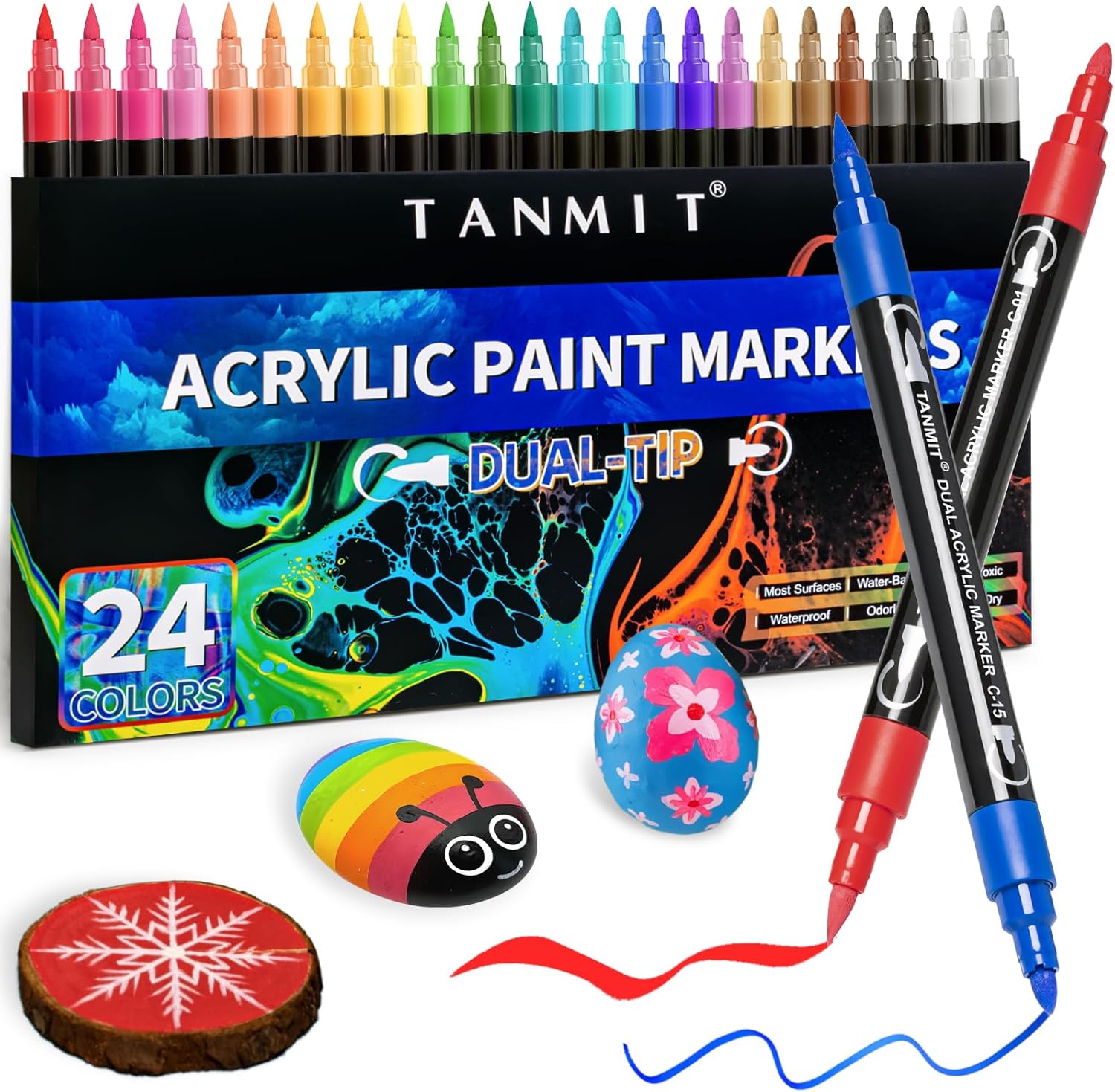 24 Colors Acrylic Paint Pens, Dual Tip Acrylic Paint Markers with Brush Tip and Fine Tip, Acrylic Pens for Rock Painting, Wood, Canvas, Stone, Glass, Ceramic,DIY Crafts Making Art Supplies