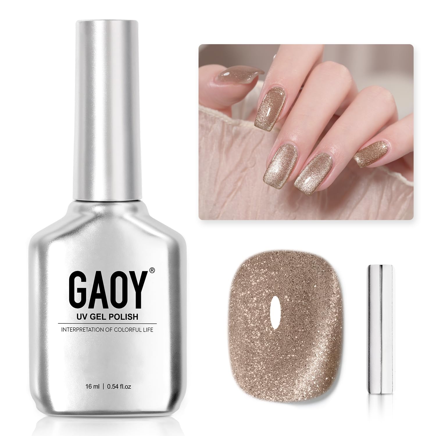 GAOY Champagne Glassy Cat Eye Gel Nail Polish, 16ml Glitter Holographic Nail Polish with Magnet, Reflective Translucent UV Gel, 2157 Fall Elegance