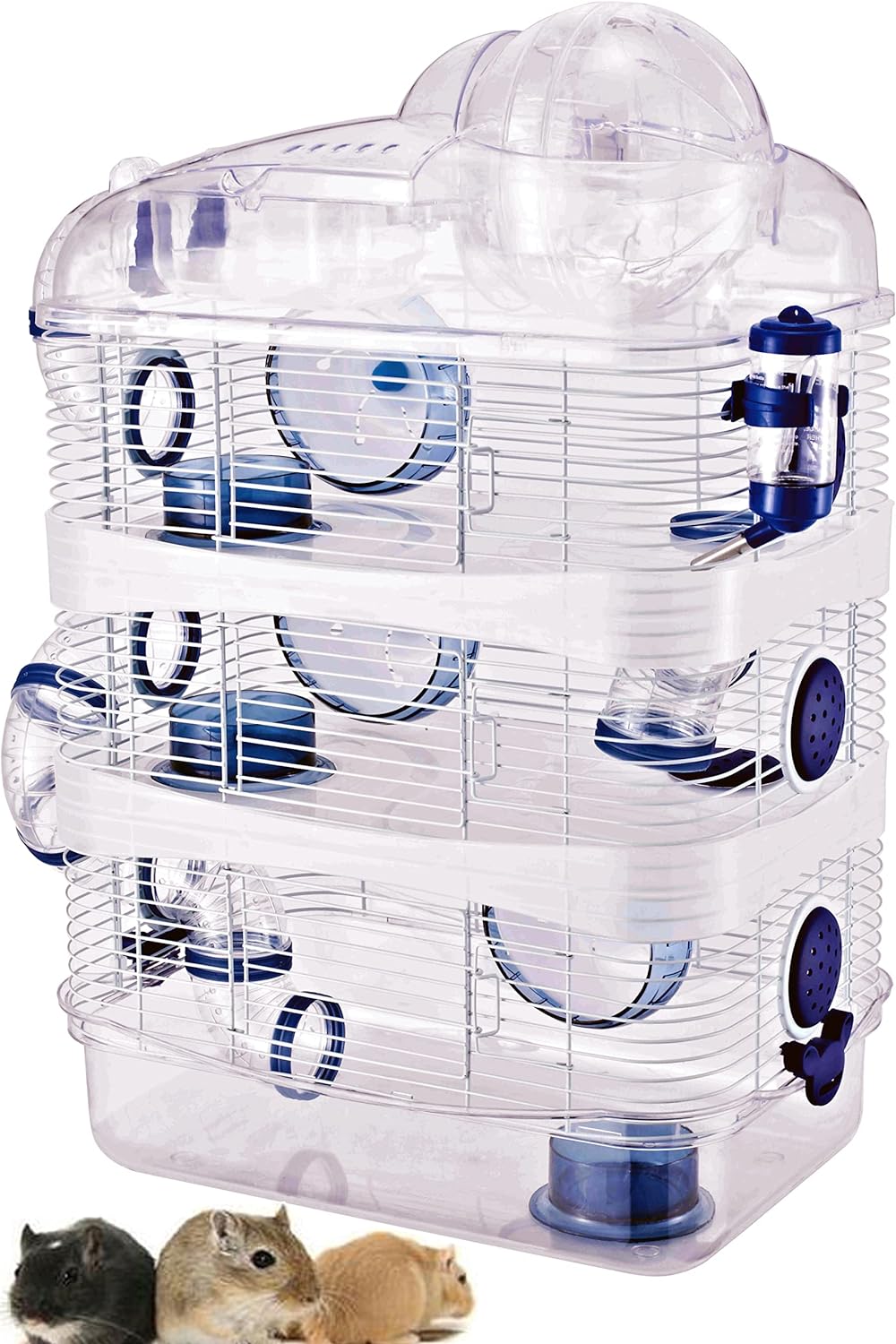 4-Floor Acrylic Clear Expansible and Customizable Hamster Habitat Rodent Gerbil Mouse Mice Home Cage with Large Exercise Running Ball On Top Water Bottle Food Bowl Running Wheels Included