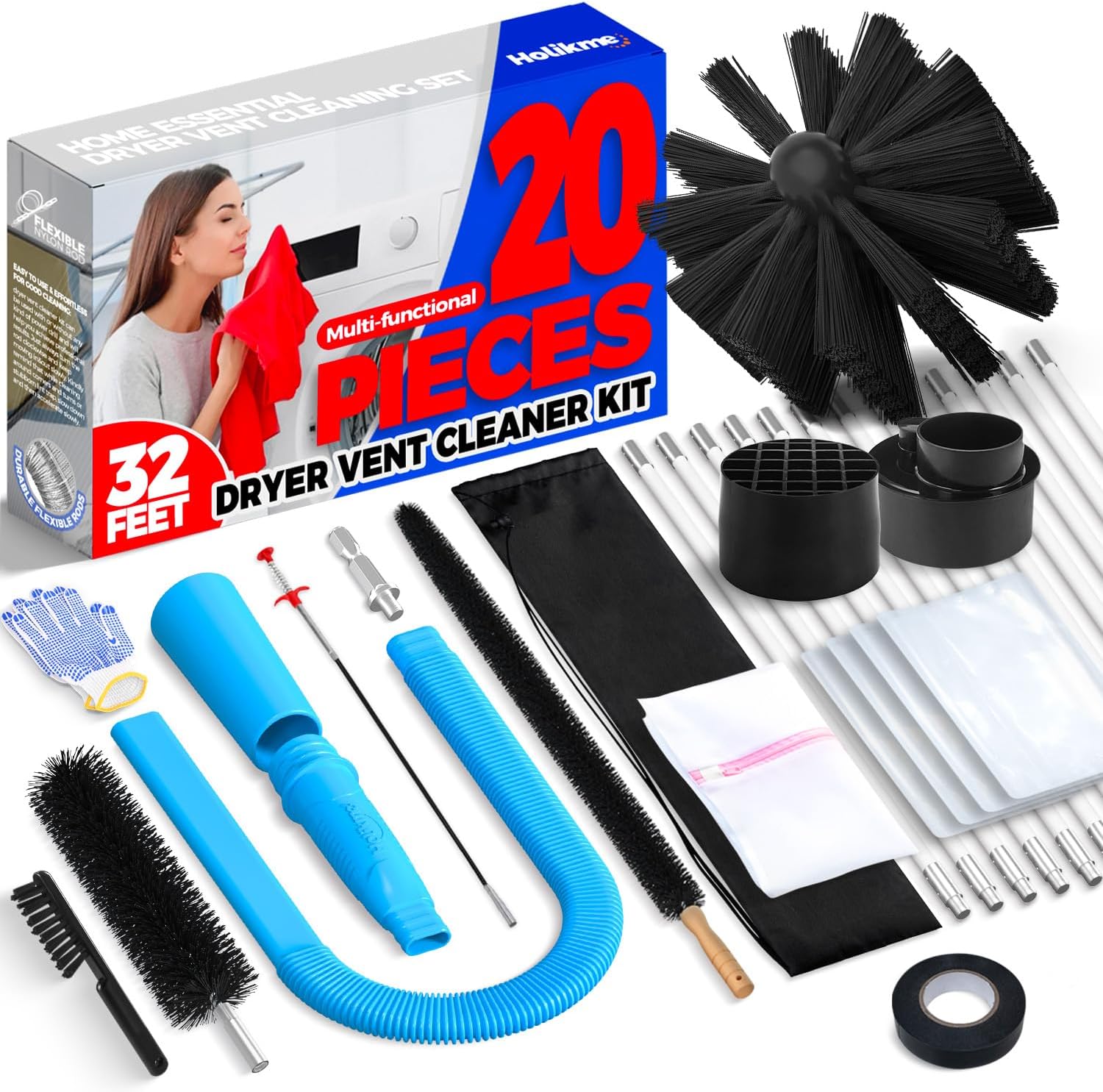 Holikme Dryer Vent Cleaner Kit 32 Feet Dryer Cleaning Tools, Include Dryer Vent Brush, Omnidirectional Blue Dryer Lint Vacuum Attachment, Dryer Lint Trap Brush, Vacuum & Dryer Adapters