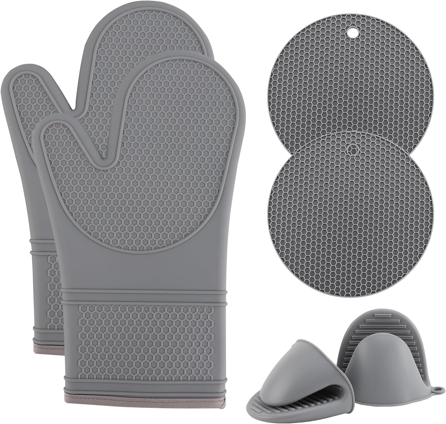 COOK WITH COLOR Silicone Oven Mitt Set- 6 PC. Set - Heat Resistant Gloves with Soft Quilted Lining Set of 2 Oven Mitt Pot Holders, 2 Silicone Trivets, 2 Fingertip Mitss for Cooking and BBQ (Grey)