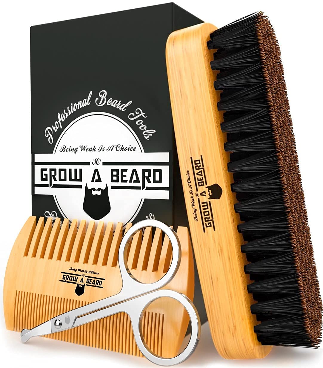 Beard Brush for Men & Beard Comb Set w/Mustache Scissors Grooming Kit, Natural Boar Bristle Brush, Dual Action Wood Comb, and Travel Bag Great for Christmas Gift