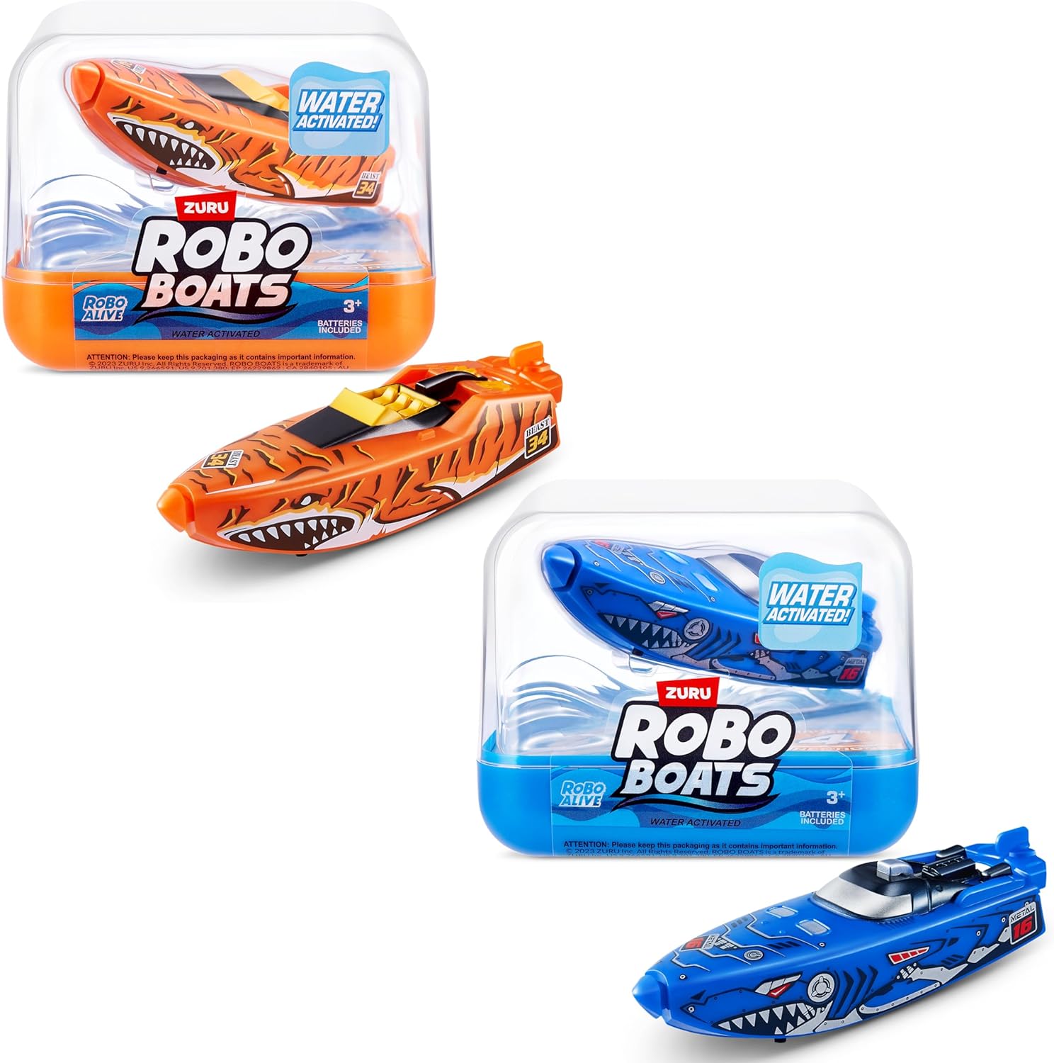 Robo Alive Robo Boats, Tiger Shark & Robo Shark Boat, 2 Pack, by ZURU Water Activated Boat Toy, (Amazon Exclusive)