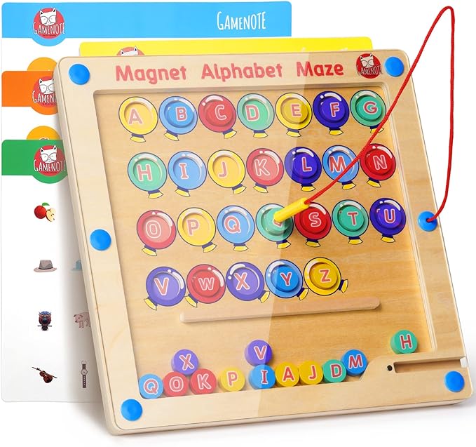 GAMENOTE Magnetic Alphabet Maze Board with 4 Activity Cards, Wooden Matching Letter Game Montessori Toys for Preschool Kingdergarten - Fine Motor Skills Toys ABC Recognition Color Sorting Puzzle