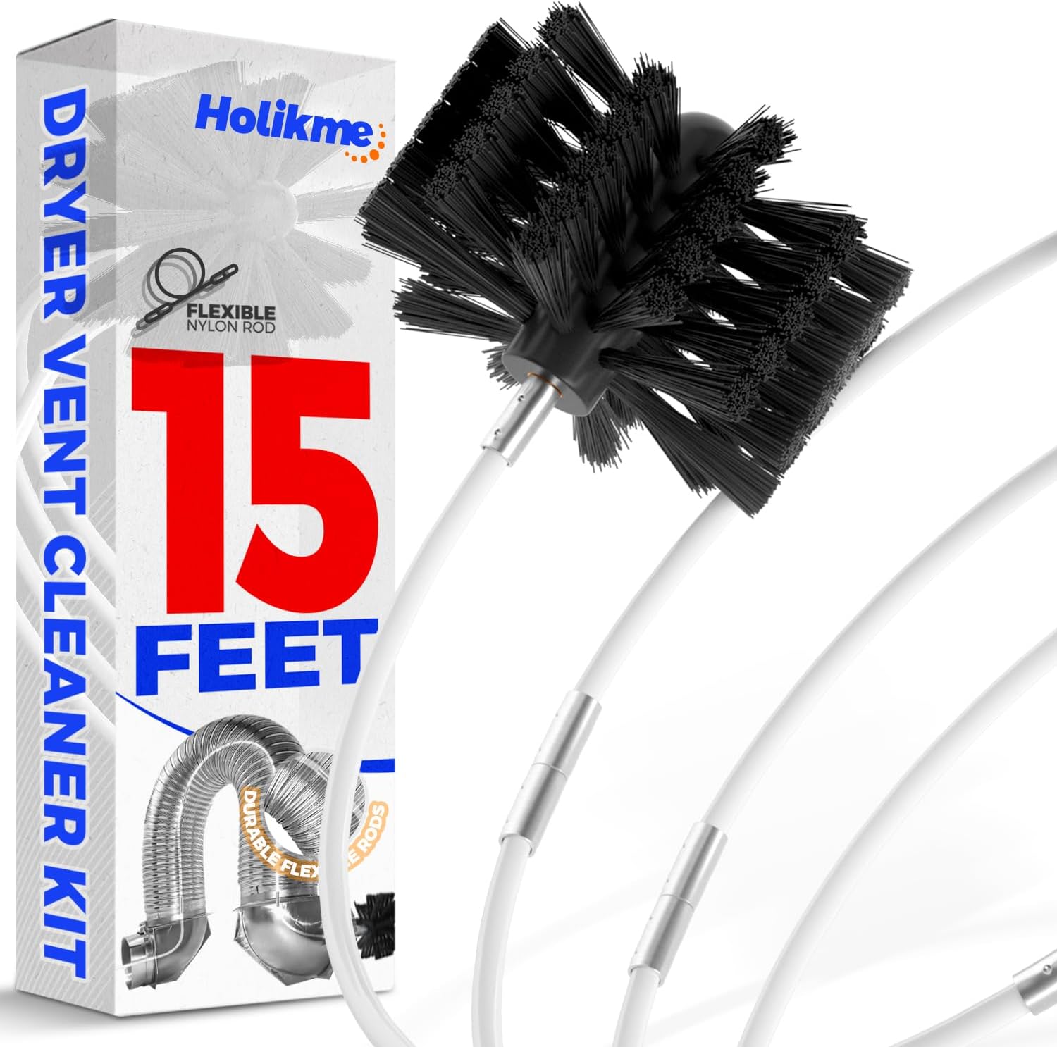 Holikme 15 Feet Dryer Vent Cleaning Brush, Lint Remover, Extends Up to 15 Feet, Synthetic Brush Head, Use with or Without a Power Drill