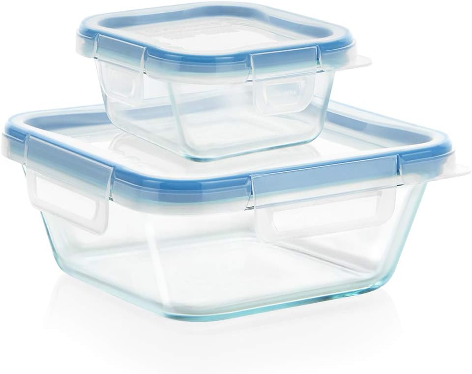 Snapware Total Solution 4-PC Square Glass Food Storage Container Set with Plastic Lids, Small/Medium 4-Cup & 1-Cup, BPA-Free Lids with Locking Tabs, Microwave, Dishwasher, and Freezer Safe