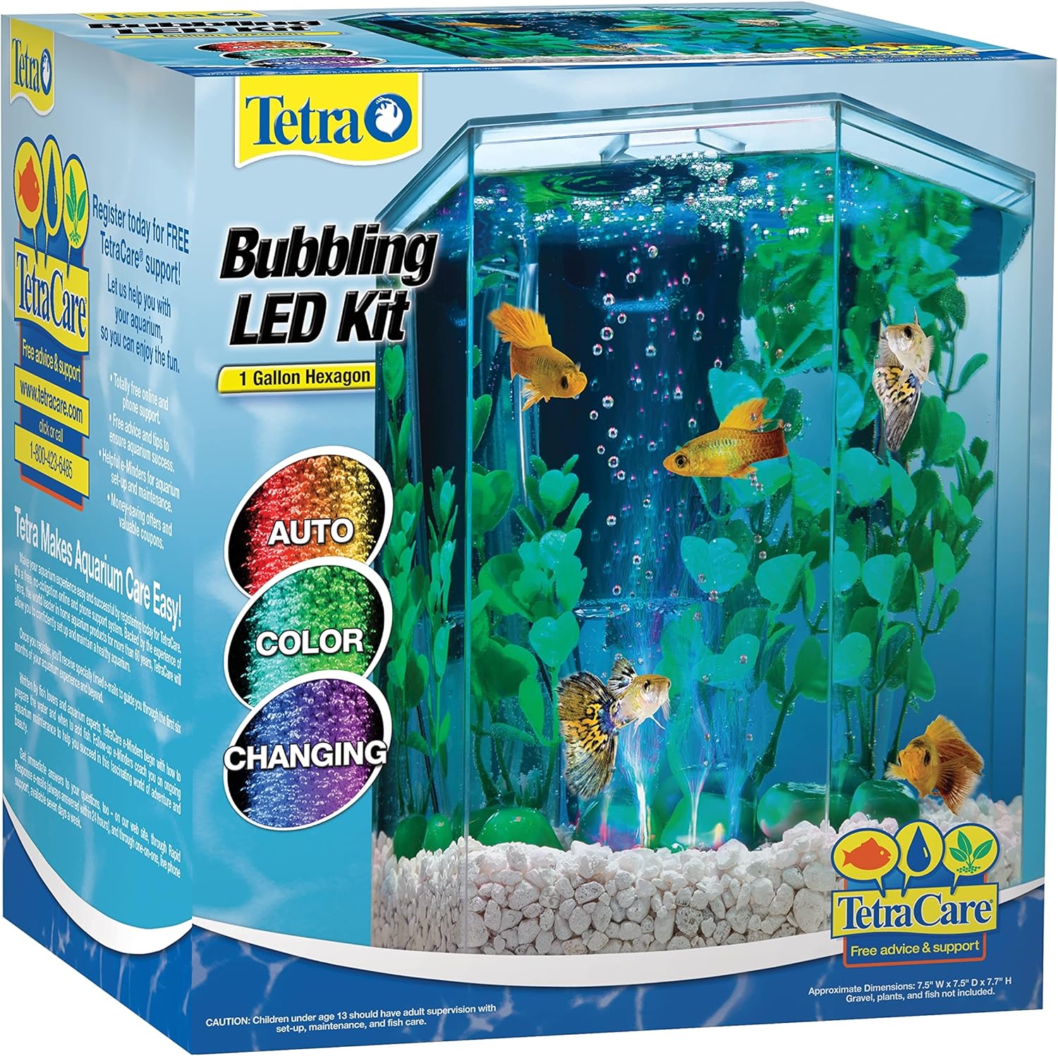 Tetra Bubbling LED Aquarium Kit 1 Gallon, Hexagon Shape, With Color-Changing Light Disc,Green (Packaging may vary) , 1 gallon (7.5 x 7.5 x 7.7")