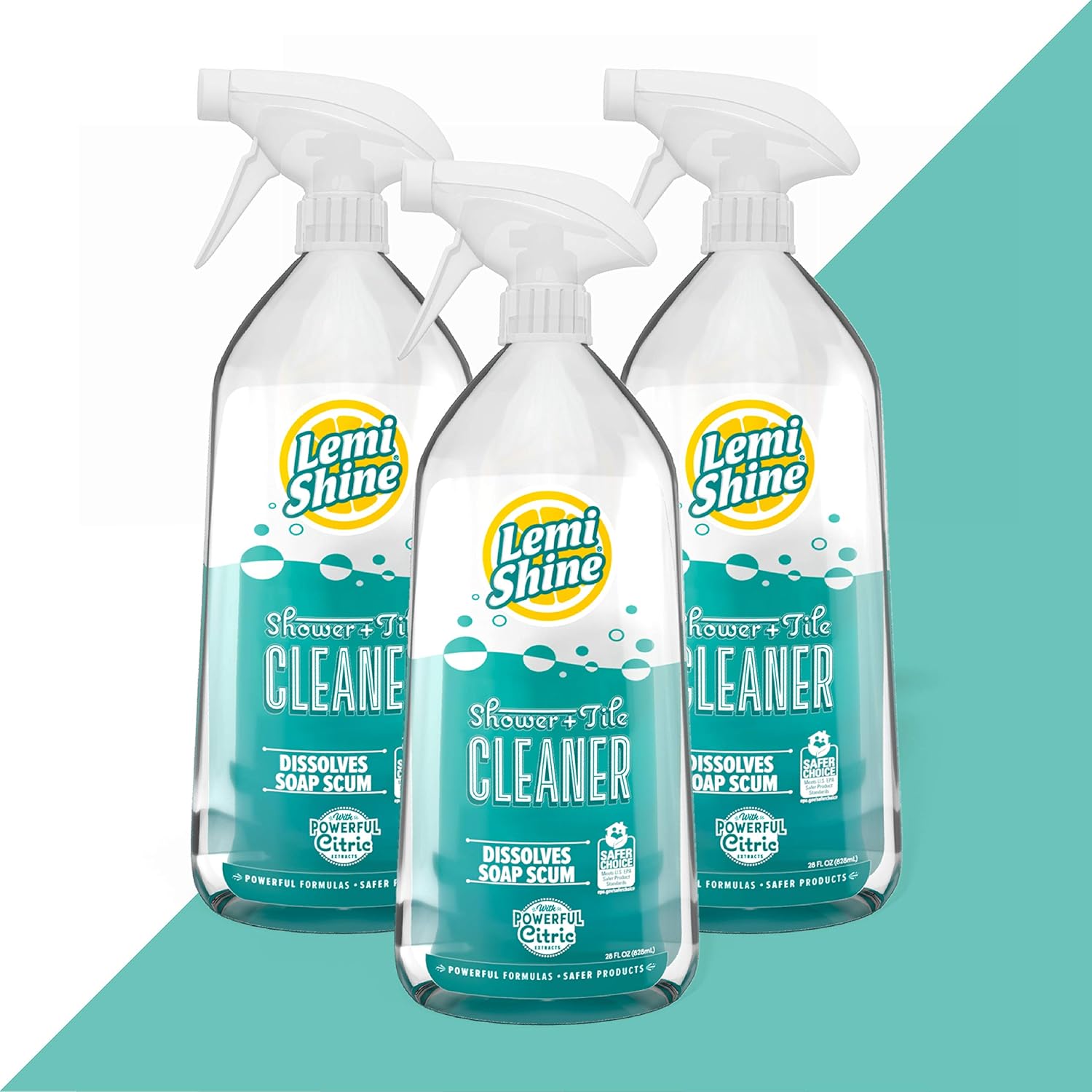 Lemi Shine Shower   Tile Cleaner | Removes Soap Scum & Hard Water Stains | Bathroom Cleaner Spray for Tub, Shower, Sink, and Tile Cleaning | Powered By Citric Acid | Fresh Lemon Scent, 28 oz. (3 Pack)