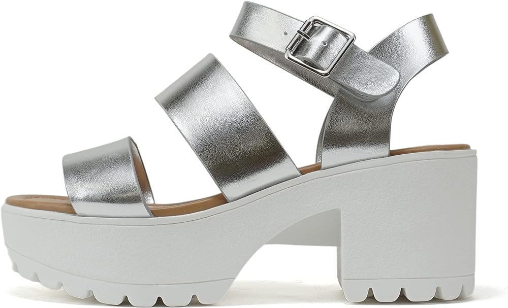 Soda ACCOUNT ~ Women Open Toe Two Bands Lug sole Fashion Block Heel Sandals with Adjustable Ankle Strap