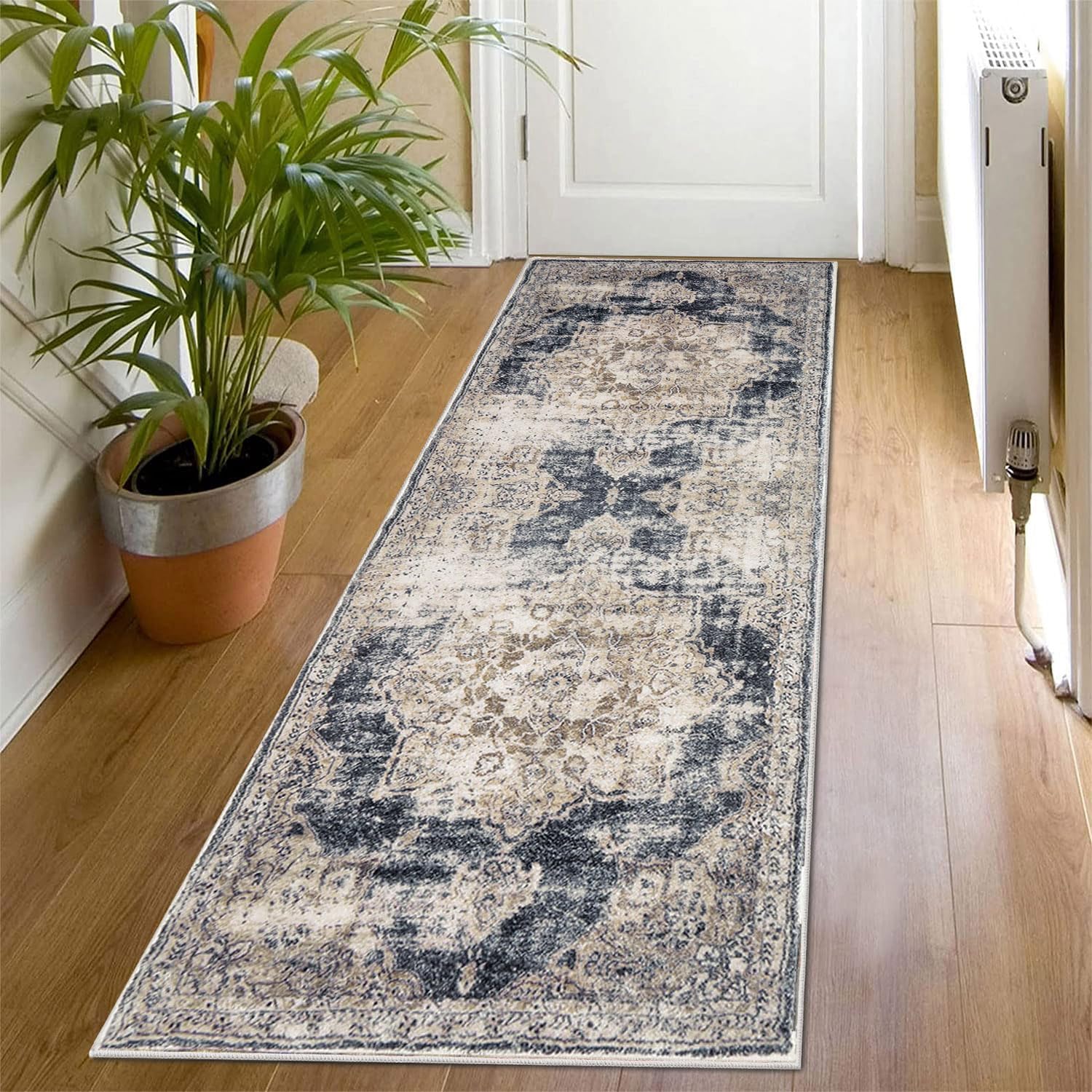 SHACOS Hallway Runner Rug 2x6 Medallion Rug Runner Faux Wool Washable Carpet Indoor Fluffy Runner Rugs Non Slip Entryway Runner Rug Bathroom Bedroom Kitchen, Brown Blue