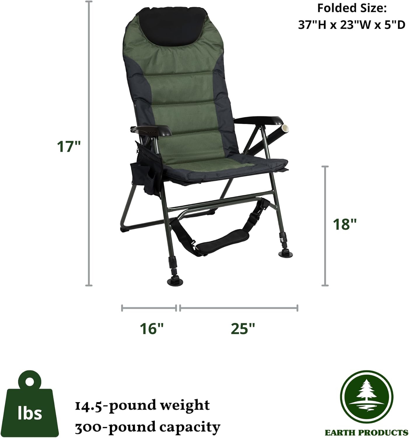 Earth Products Ultimate Camp Chair for Adults, 4-Position Outdoor Seating with New Adjustable Front Legs, Comfortable Built-in Pillow for Head Support, Ideal Fishing Chair, 300LBS Max Load