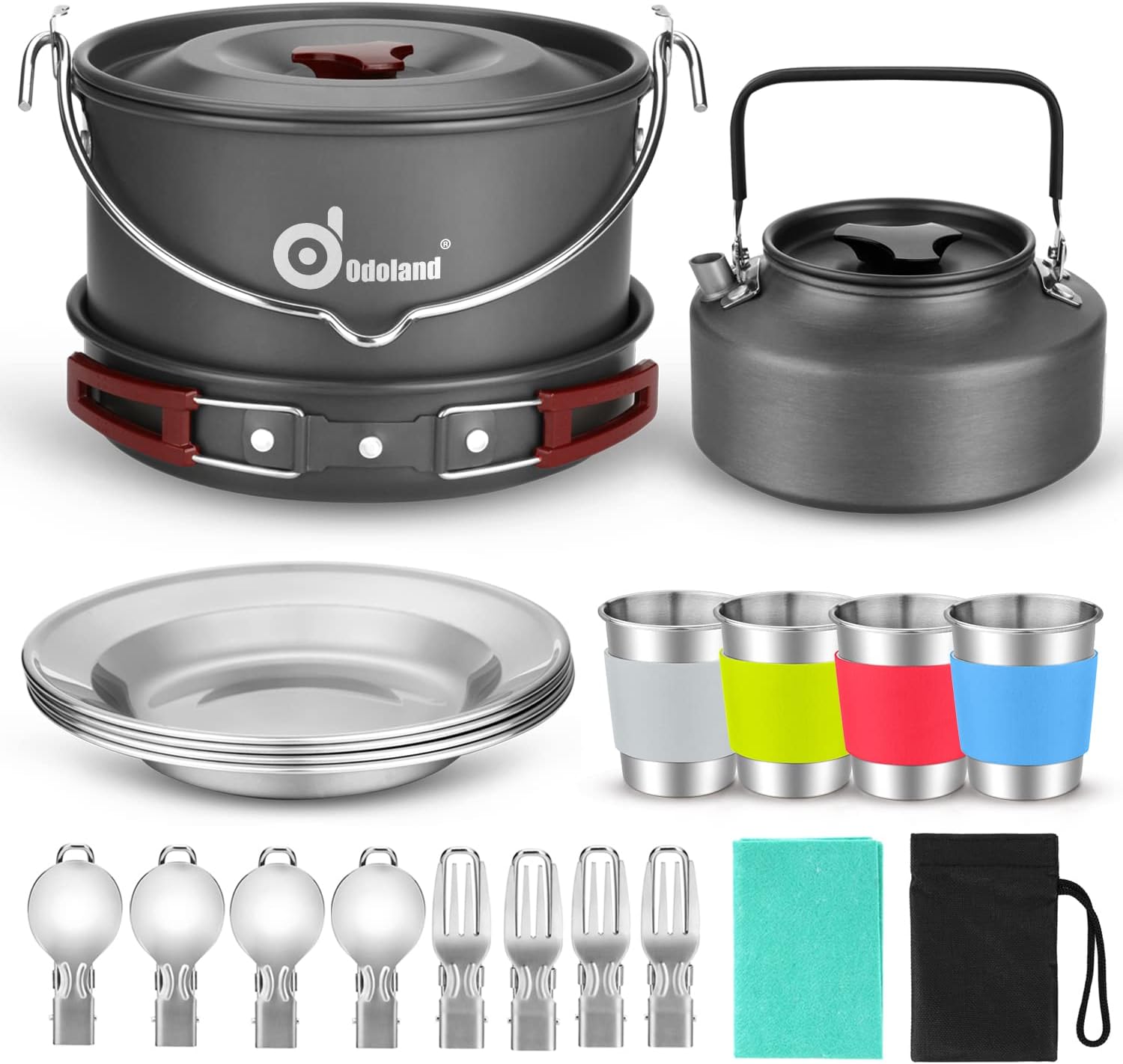 Odoland 22pcs Camping Cookware Mess Kit, Large Size Hanging Pot Pan Kettle with Base Cook Set for 4, Cups Dishes Forks Spoons Kit for Outdoor Camping Hiking Picnic