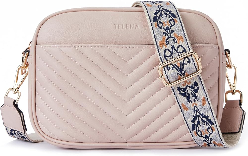 Telena Quilted Crossbody Bags for Women Trendy Small Crossbody Bag Leather Purses Women's Crossbody Handbags with Wide Strap