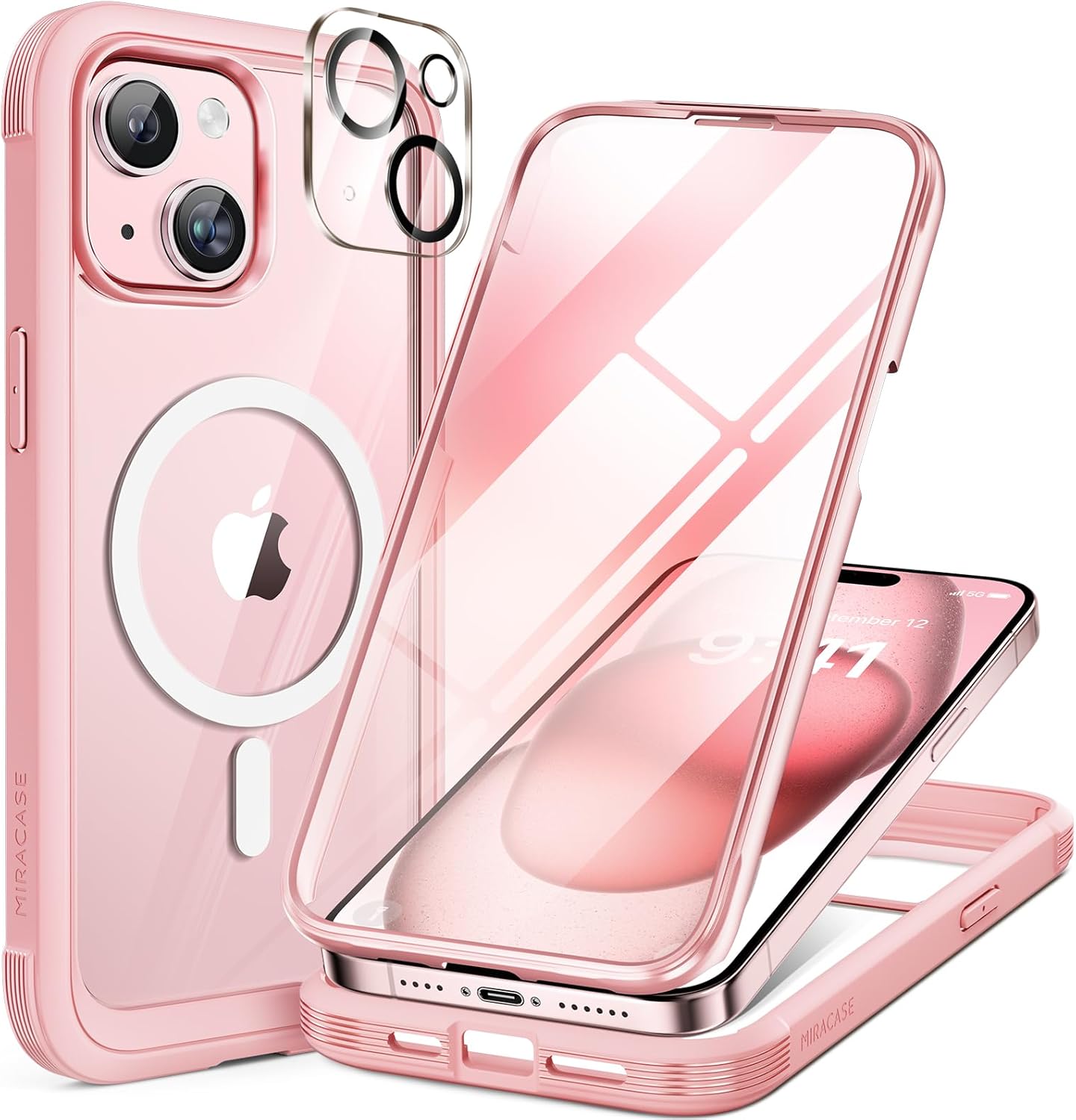 Miracase Glass Series for iPhone 15 Case [Compatible with MagSafe] Full-Body Magnetic Case with Built-in 9H Tempered Glass Anti-Fingerprint Screen Protector + Camera Lens Protector, Pink and Clear