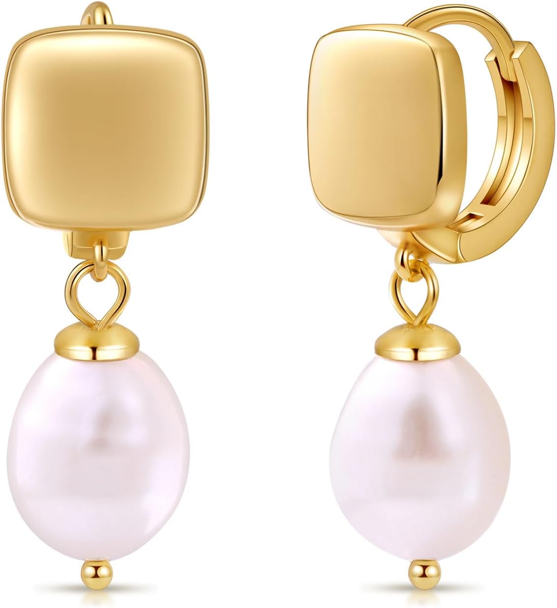 Fiusem Pearl Earrings for Women, 14K Gold Plated Small Hoops and Pearl Dangle Earring With 925 Sterling Silver Post