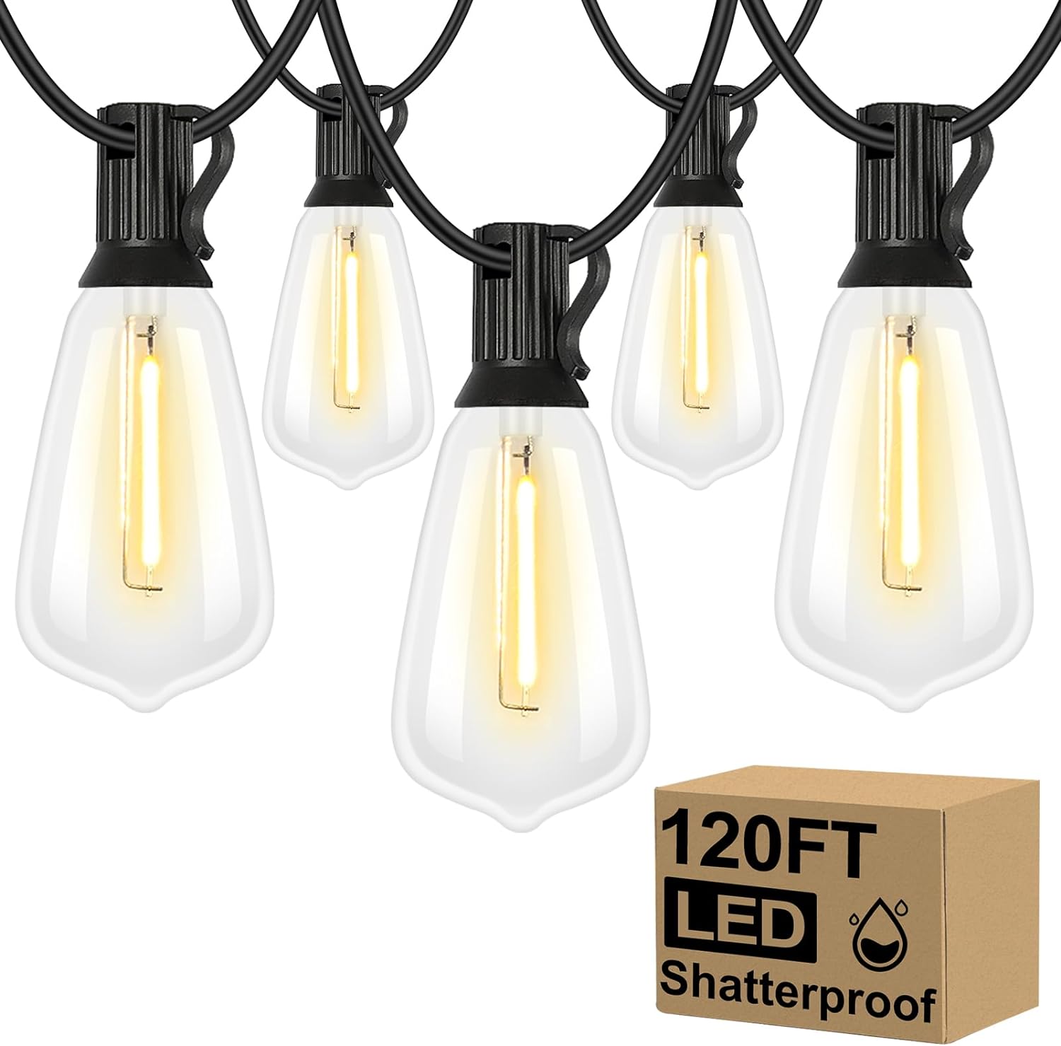 Brightever 120FT Outdoor String Lights Waterproof, 2700K Bright LED Patio Lights with 62 ST38 Shatterproof Vintage Bulbs, Retro Connectable Edison String Lights for Outside, Garden, Balcony, Porch