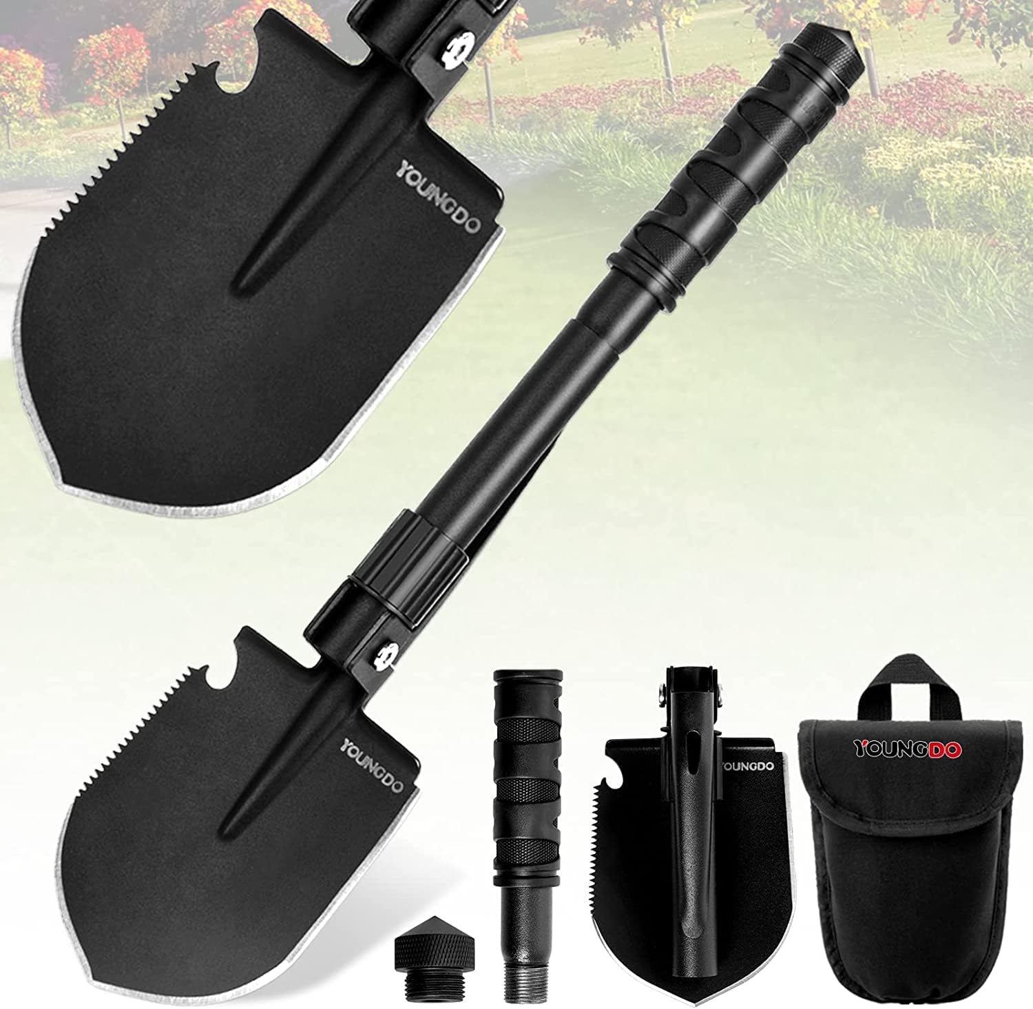 Folding Shovel, YOUNGDO Camping Shovel Survival Shovel, Metal Detector Accessories, Army Trenching Tool with Pickaxe, Digging, Backpacking, Outdoor Hiking, Gardening, Trenching, Car Emergency