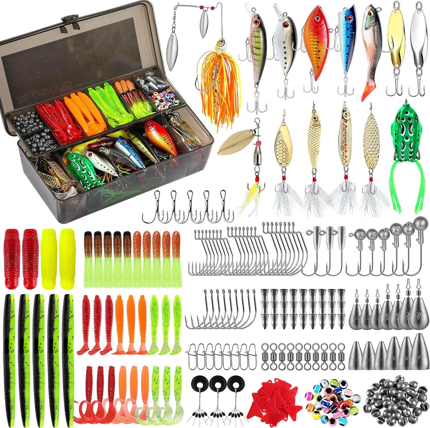 PLUSINNO 253/397pcs Fishing Accessories Kit, Fishing Tackle Box with Tackle Included, Fishing Hooks, Fishing Weights Sinkers, Spinner Blade, Fishing Gear for Bass, Bluegill, Crappie, Fishing