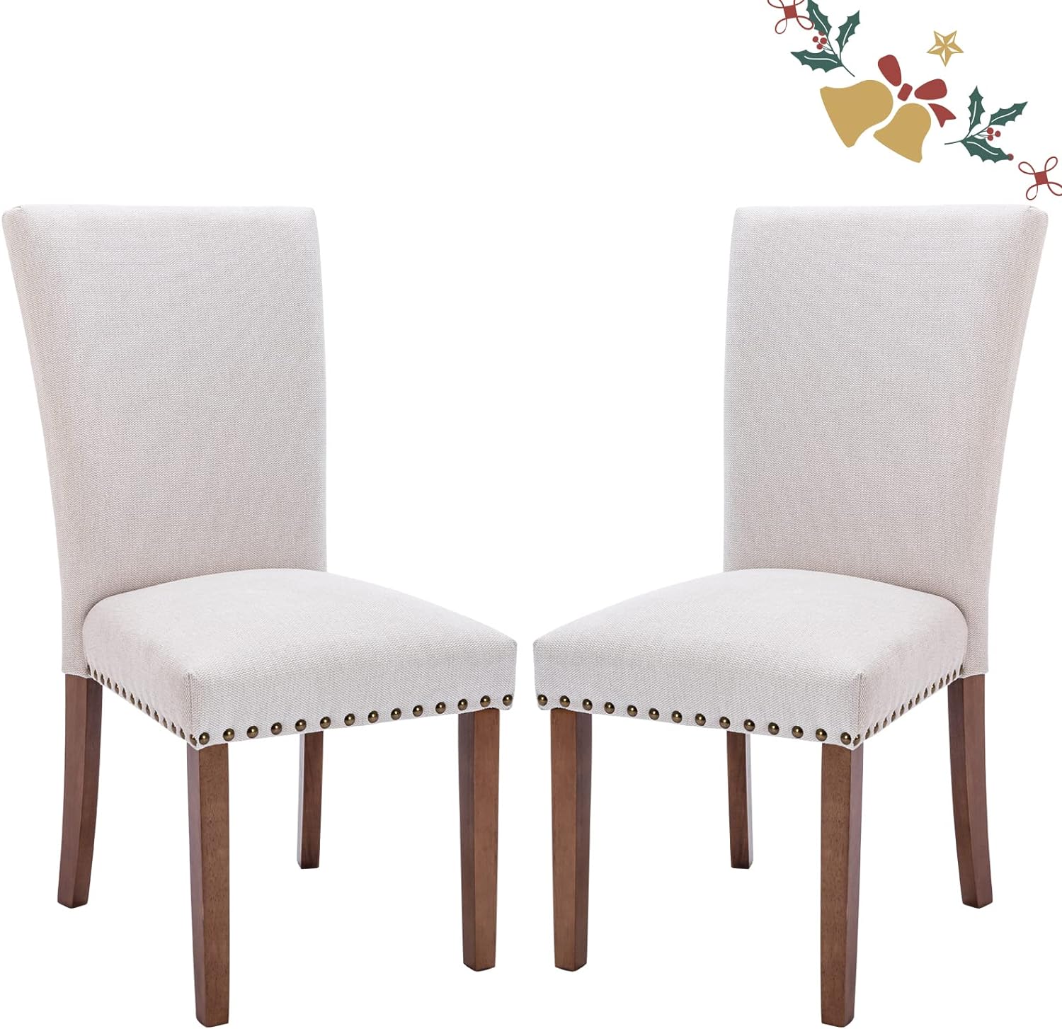 Parsons Dining Chairs Set of 2, Upholstered Fabric Dining Room Kitchen Side Chair with Nailhead Trim and Wood Legs - Beige