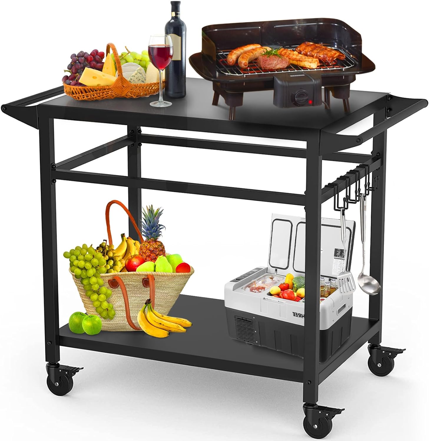 20x32 Double-Shelf Grill Table Movable Grill Cart, Outdoor Food Prep and Pizza Oven Table, Grill Stand Fits Blackstone Griddle 17 22