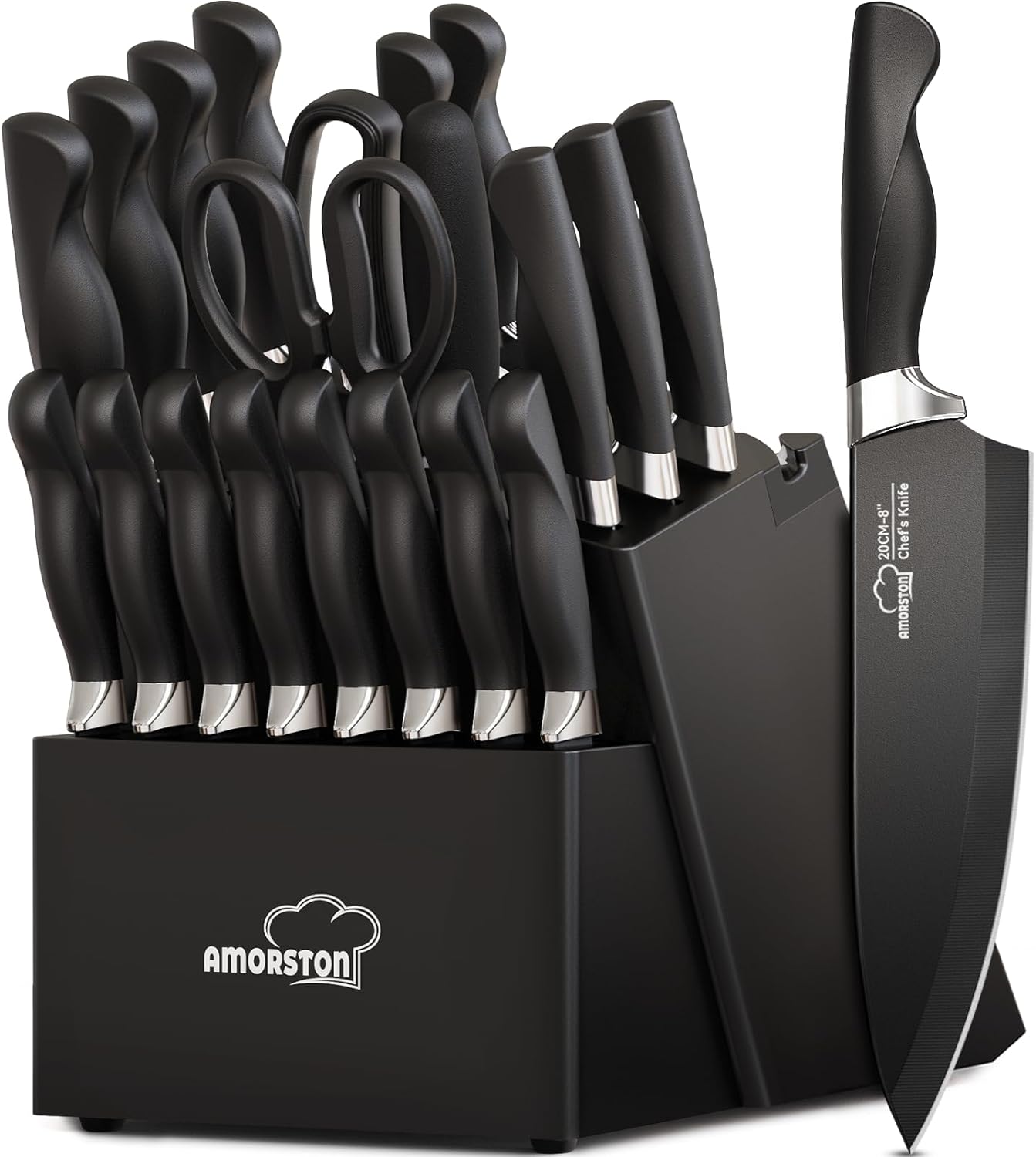 Knife Set, Amorston 21 Pcs Knife Sets for Kitchen with Block, Dishwasher Safe Kitchen Knife Set with Built-in Sharpener, German Stainless Steel Black Knife Block Set