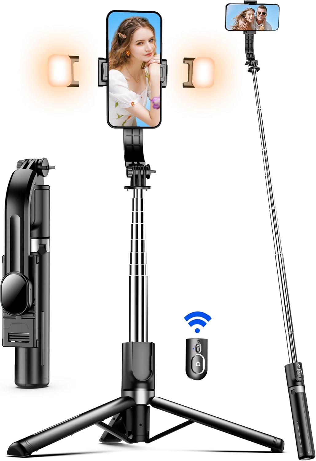 45 Selfie Stick Tripod with 2 Lights, Extendable 5 in 1 Selfie Stick Phone Tripod, Portable Selfie Sticks with Wireless Remote Compatible with iPhone 15/14/13 Pro Max, Samsung, Android, Gopro