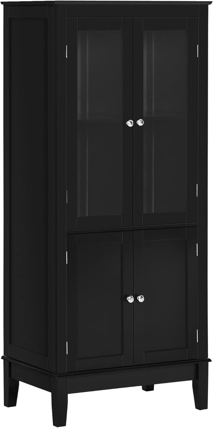 kleankin Bathroom Floor Cabinet with 2 Storage Cabinets, Tempered Glass Door, Freestanding Linen Tower with Adjustable Shelves for Living Room, Black