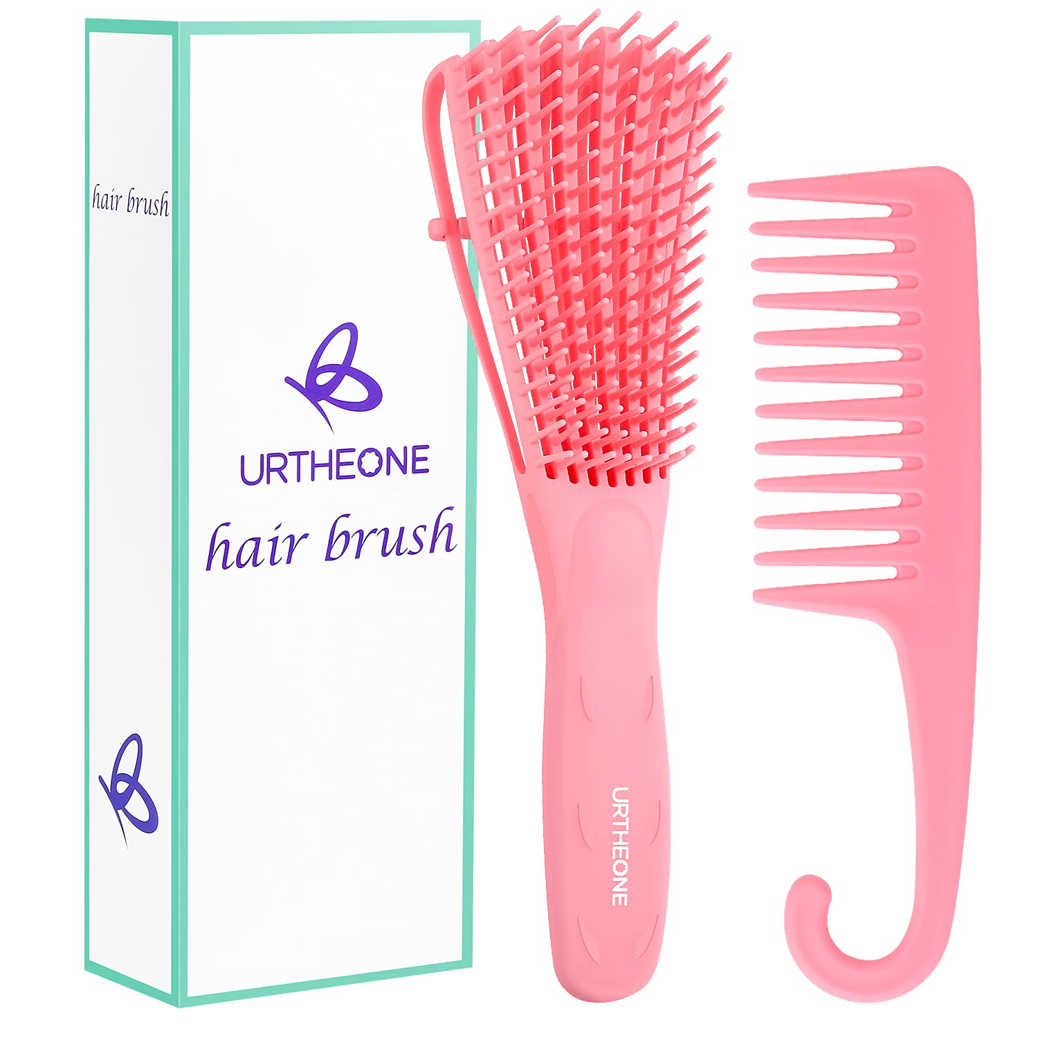 Detangling Hair Brush, Detangling brush for Adults and Kids, Comb Set for Kinky Curly Coily and Wavy Hair, For Wet and Dry Hair, Afro American Type 3a-4c, Comfortable Grip, Easy to Clean(Pink)