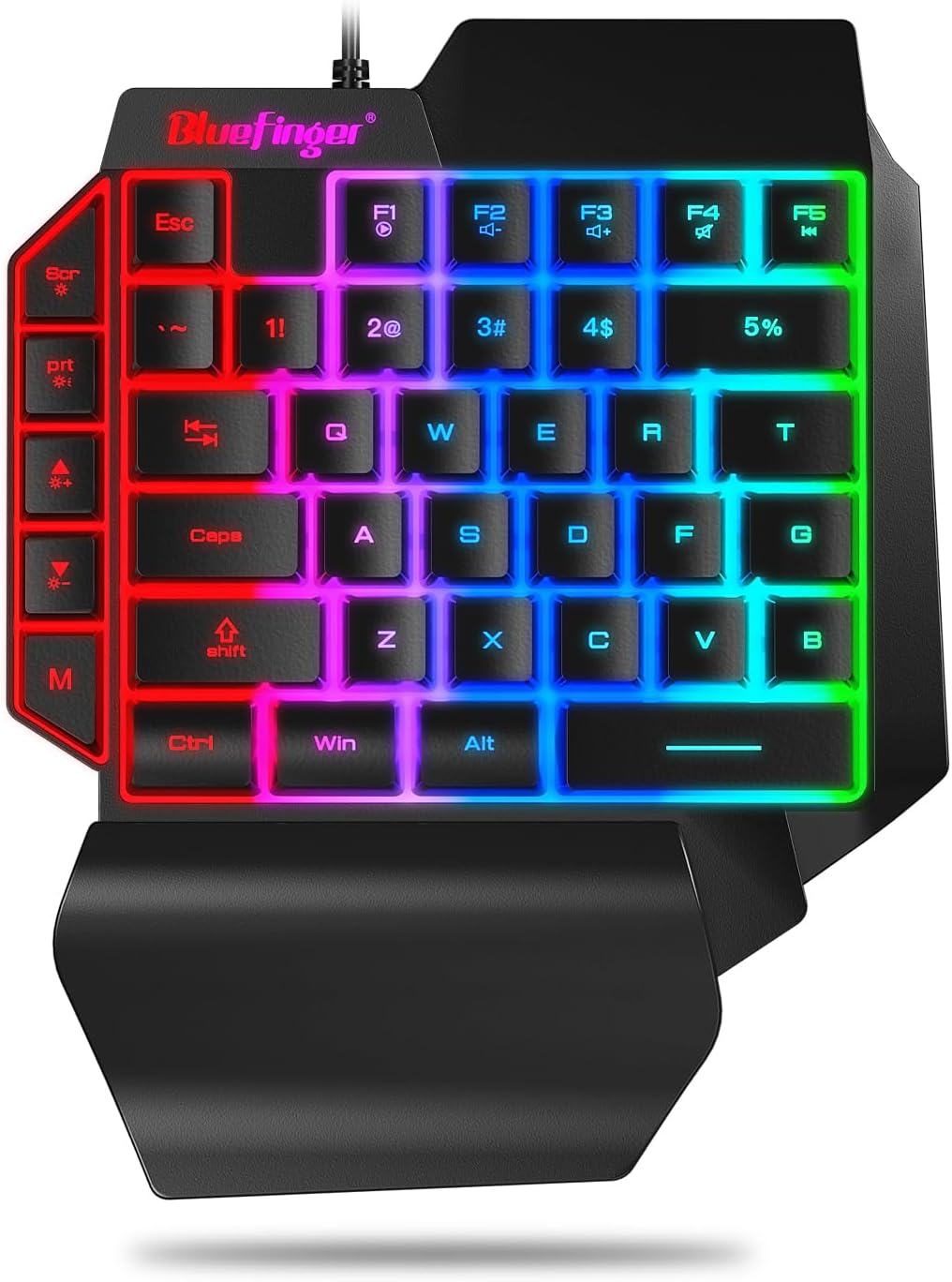 One Hand RGB Gaming Keyboard,USB Wired Rainbow Letters Glow Single Hand Keyboard with Wrist Rest Support Multimedia Keys, Backlit Ergonomic Mechanical Feeling Keyboard for Game