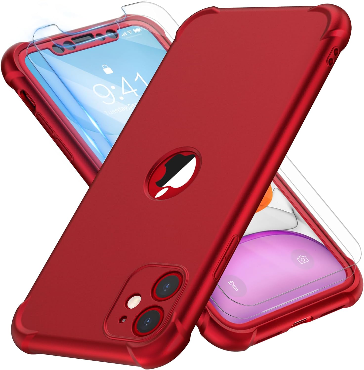 ORETECH for iPhone 11 Case, with[2 x Tempered Glass Screen Protector] 360 Full Body Shockproof Protection Rubber Silicone for iPhone 11-6.1''- Red