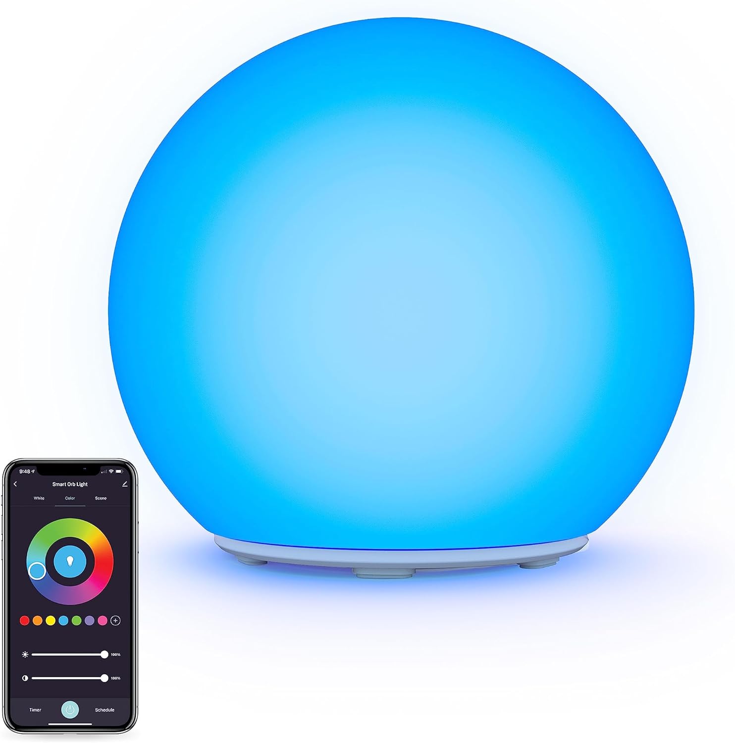 Atomi Smart Portable Orb LED Light Large, 90 Lumens, Indoor and Outdoor, Rechargeable Battery, Tunable, Dimmable, White and RGB 2500K-9000K, App Control, Works with Alexa and Google Assistant