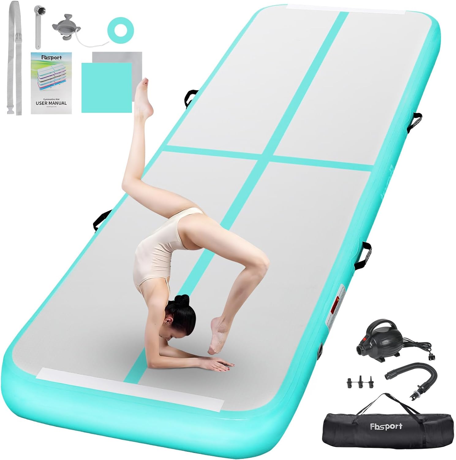 FBSPORT Inflatable Air Gymnastics Mat Training Mats 4/8 inches Thickness Gymnastics Tracks for Home Use/Training/Cheerleading/Yoga/Water with Pump