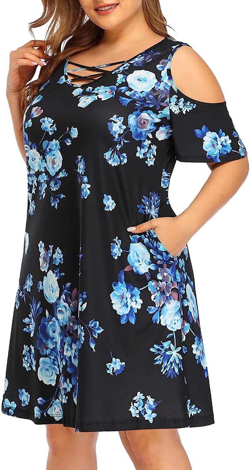 Pinup Fashion Women' Plus Size Sun Dress Cold Shoulder Casual T-Shirt Knee Length Sundresses with Pockets