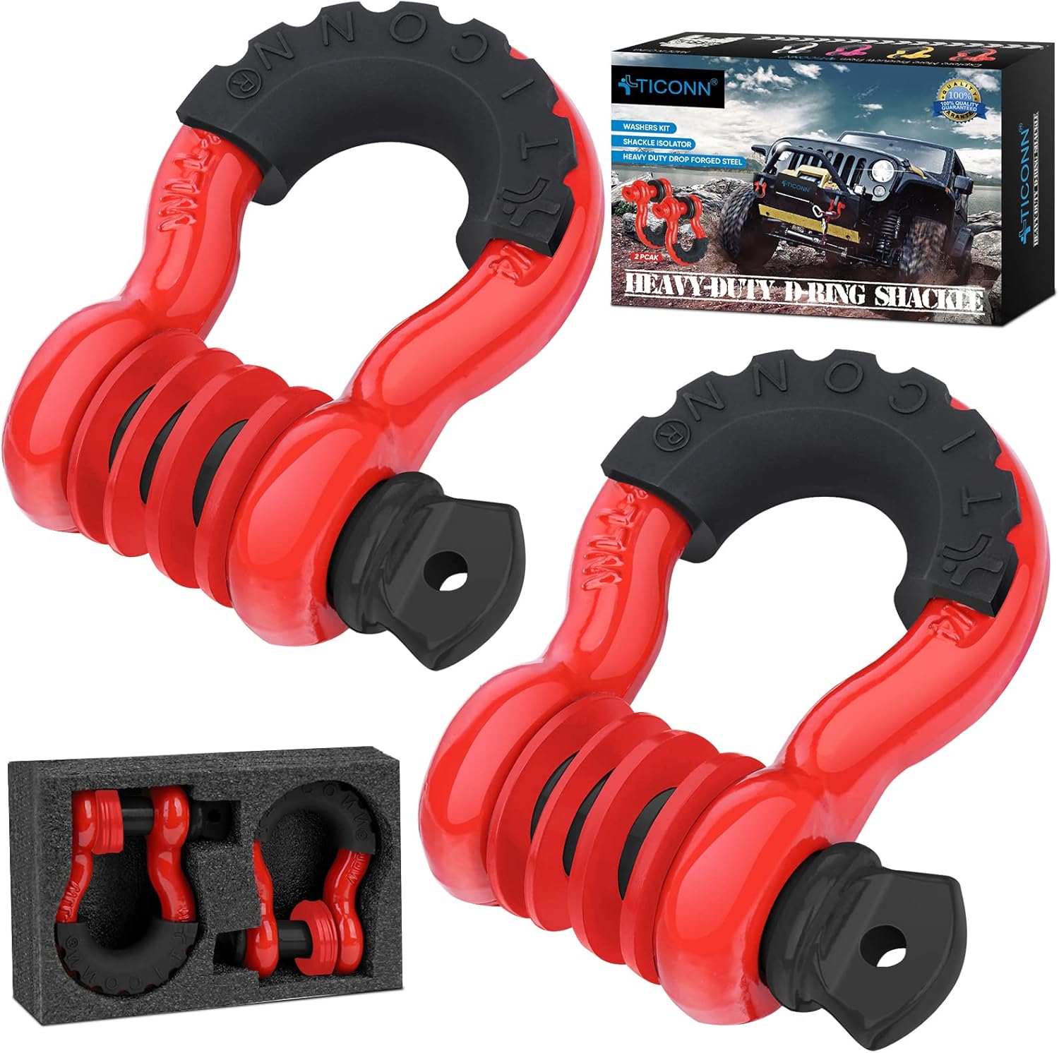 TICONN 2 Pack D Ring Shackle with 7/8 Screw Pin 57,000Ibs Break Strength, 3/4 Heavy Duty Shackles with Isolator & Washers for Tow Strap Winch Off Road Vehicle Recovery (Red/Black2)