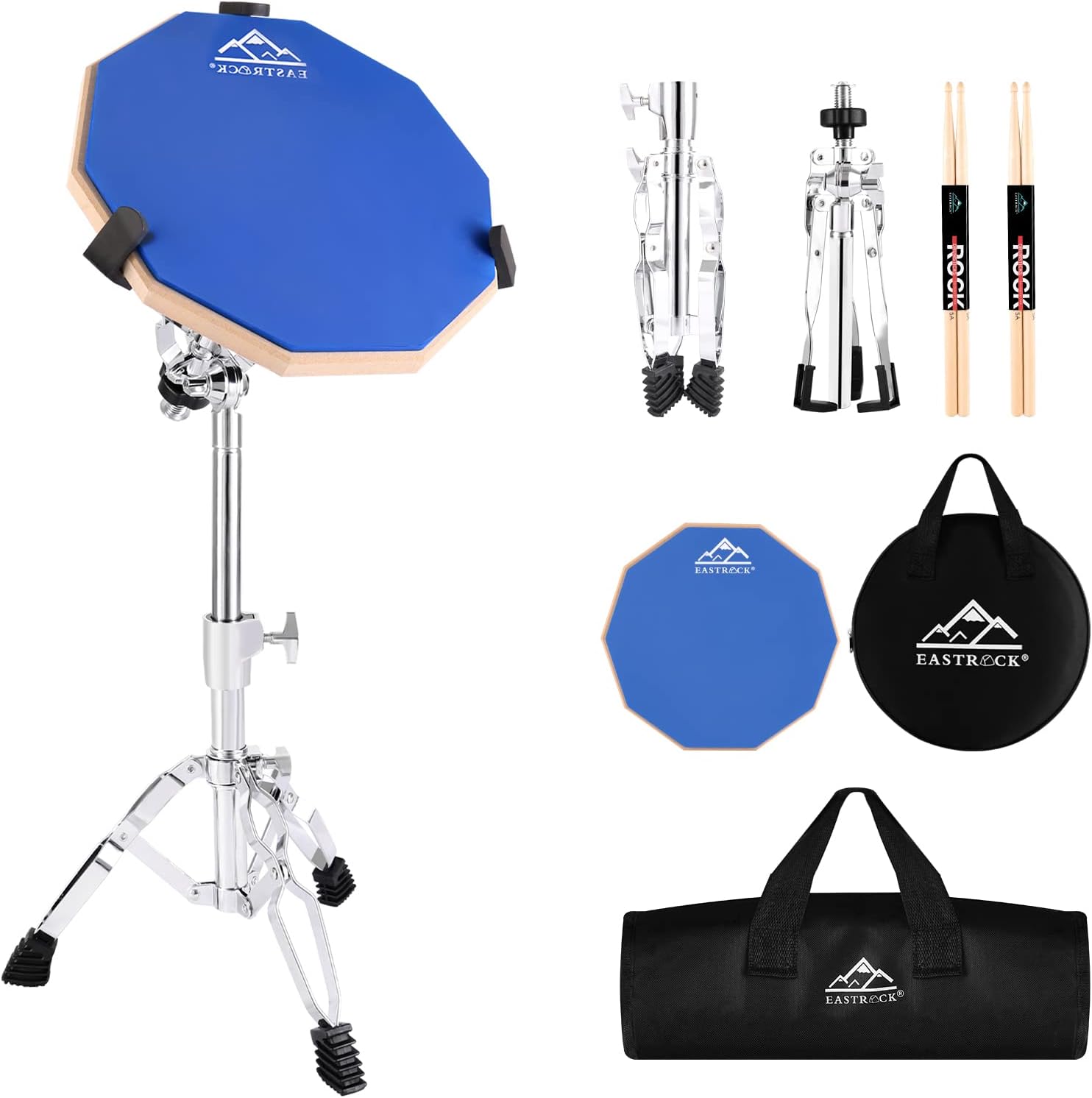 EASTROCK Practice Drum Pad Stand Bundles, 12 Inches Double Sided Silent Silicone Drum Pad, Silicone Dumb Drum with Drum Stand, Drumsticks and Storage Bag for Beginners,blue