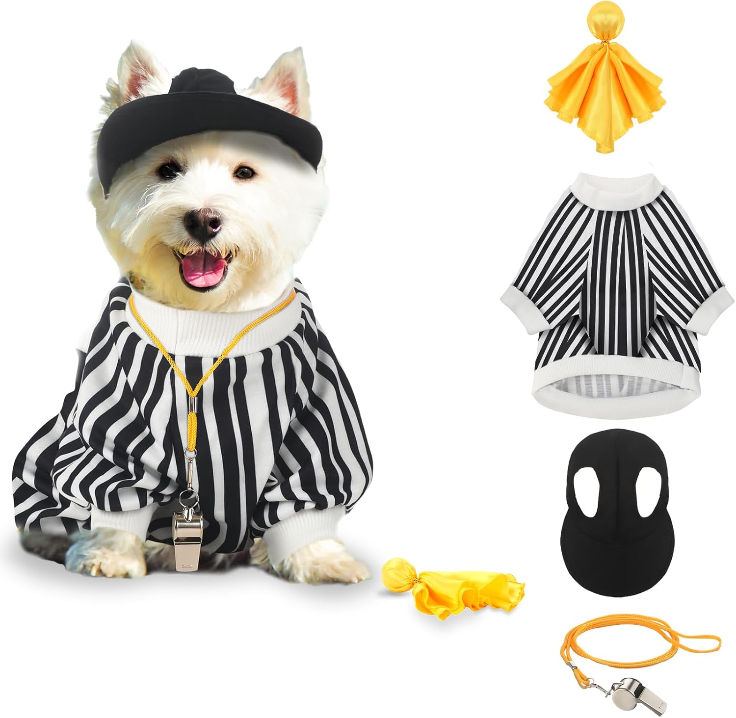 Amylove 4 Pcs Referee Dog Halloween Costume Include Black and White Striped Sleeveless T Shirts Adjustable Dog Hat with Ear Holes Yellow Penalty Flag Stainless Steel Sports Whistles with Lanyard (XL)