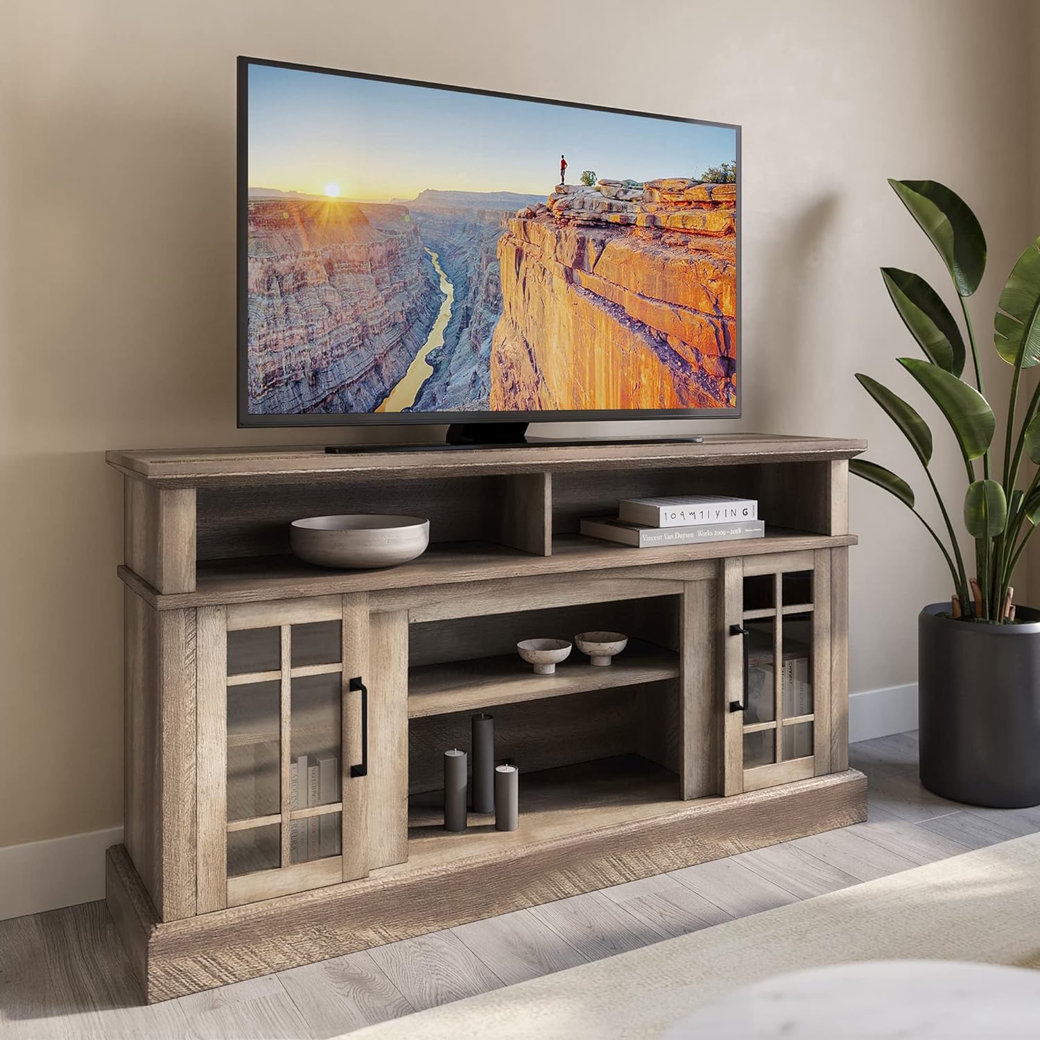 BELLEZE+Traditional+58+Inch+Rustic+Wood+TV+Stand+%26+Media+Entertainment+Center+Console+Table+for+TVs+up+to+65+Inches+with+Open+Storage+Shelves+%26+Cabinets+-+Astorga+(Ashland+Pine)