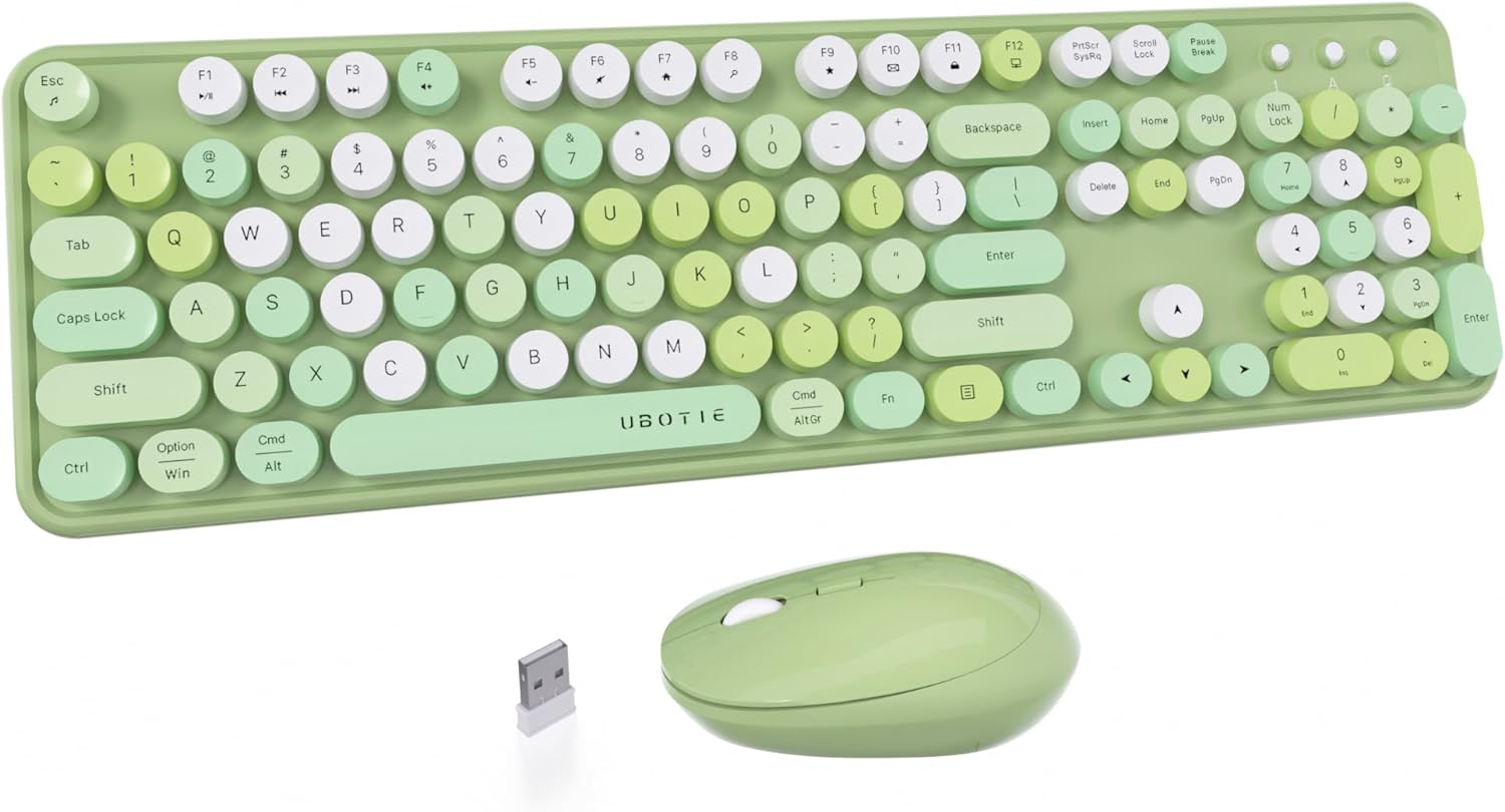 UBOTIE Colorful Computer Wireless Keyboards Mouse Combos, Typewriter Flexible Keys Office Full-Sized Keyboard, 2.4GHz Dropout-Free Connection and Optical Mouse (Green-Colorful)