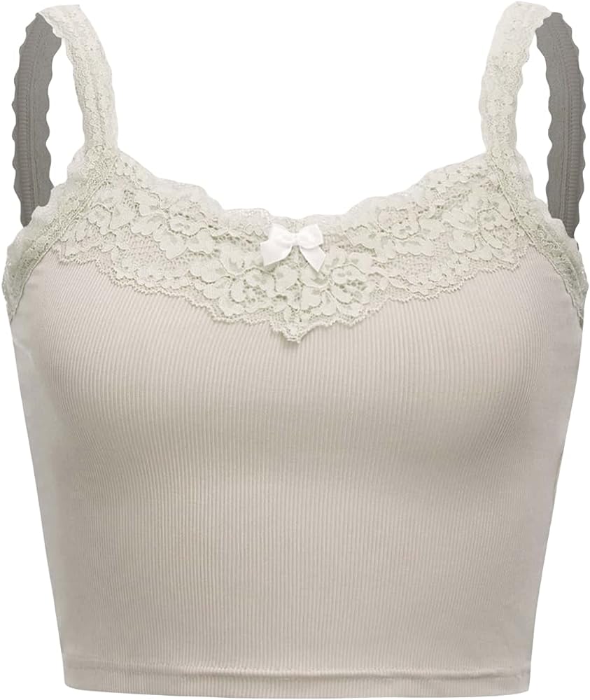 SOLY HUX Women's Floral Lace Trim Rib Knit Cami Tops V Neck Slim Fit Crop Tops Camisole