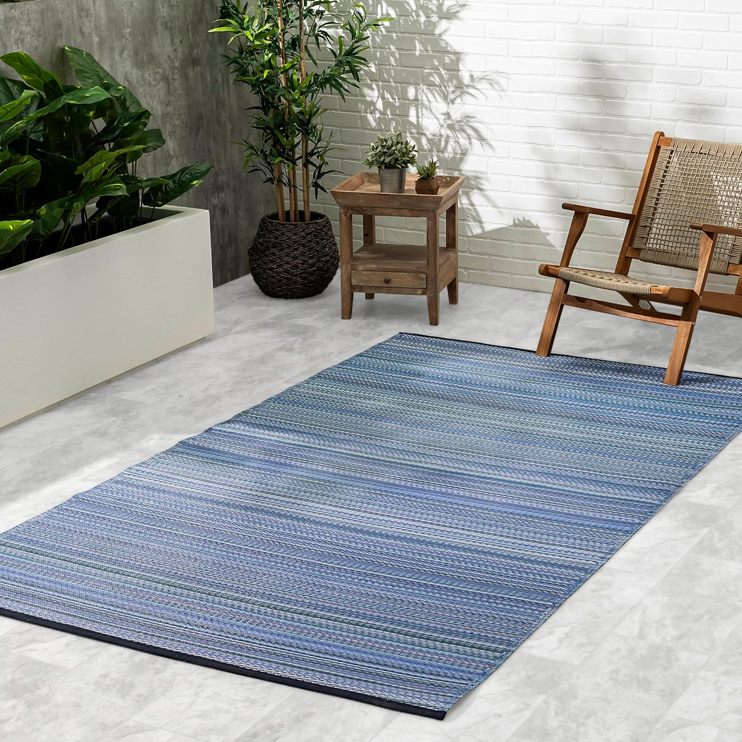 Fab Habitat Outdoor Rug - Waterproof, Fade Resistant, Crease-Free - Premium Recycled Plastic - Striped - Patio, Deck, Porch, Balcony, Laundry Room - Cancun - Indigo - 4 x 6 ft