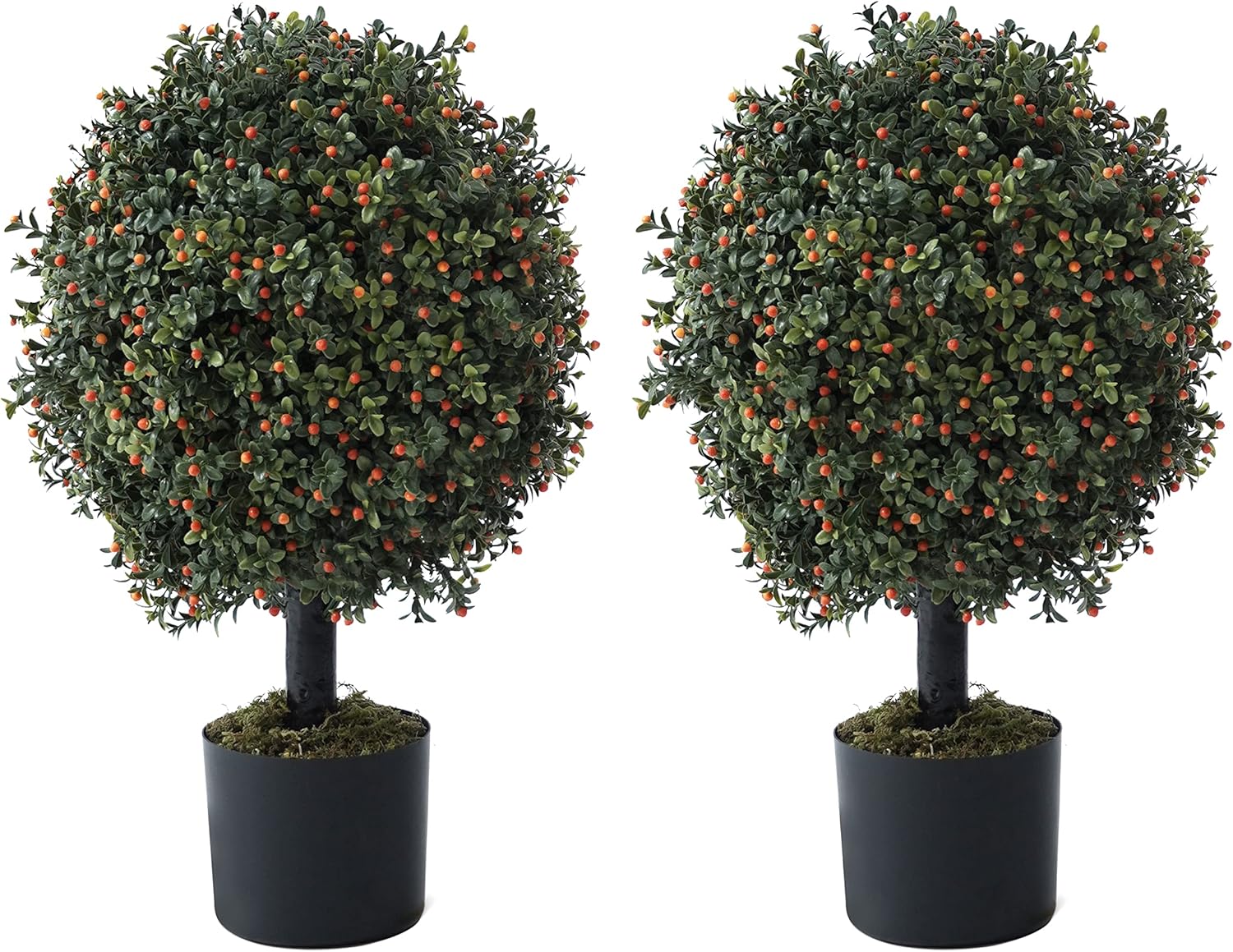 CAPHAUS Artificial Boxwood Topiary Ball Tree Set of 2, Artificial UV Resistant Bushes, Faux Potted Tree, Plant in Pot w/Dried Moss, Fake Shrubs for Indoor, Front Porch, Outdoor, w/Orange Flower