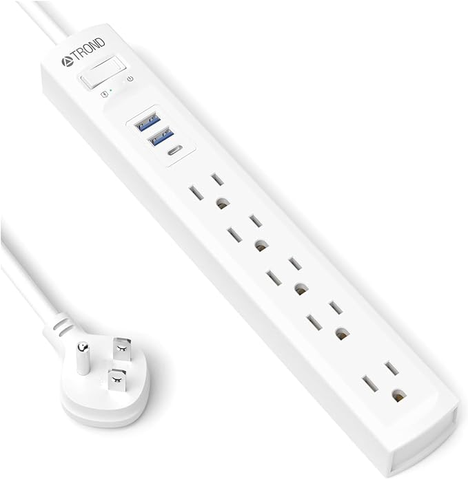 TROND Power Strip Surge Protector, Flat Plug 6ft Extension Cord, 5 Widely AC Outlets with 3 USB Ports(1 USB C), 1440J, 1250W, Wall Mount, Desktop Charging Station for Home Office Dorm Room, White