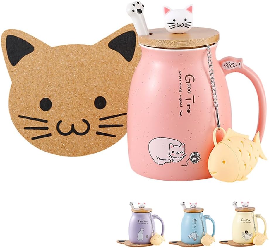 BigNoseDeer Kawaii Tea Cup with Infuser Cute Cat Mug Ceramic Coffee Mug Tea Mug Cute Stuff Gifts for Women Cat lover Gifts 13oz