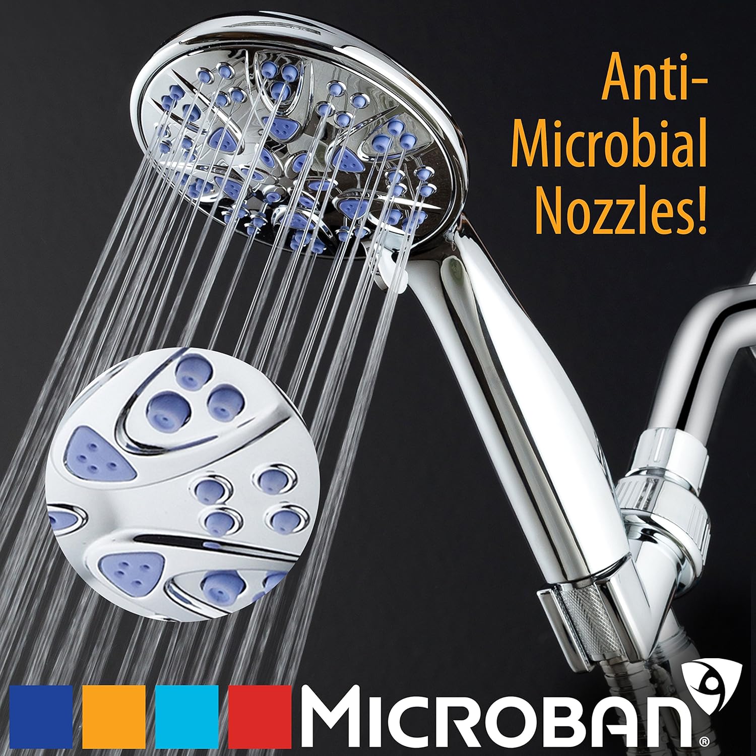 Antimicrobial/Anti-Clog High-Pressure 6-setting Hand Shower by AquaDance with Nozzle Protection from Growth of Mold, Mildew & Bacteria for Stronger Shower!