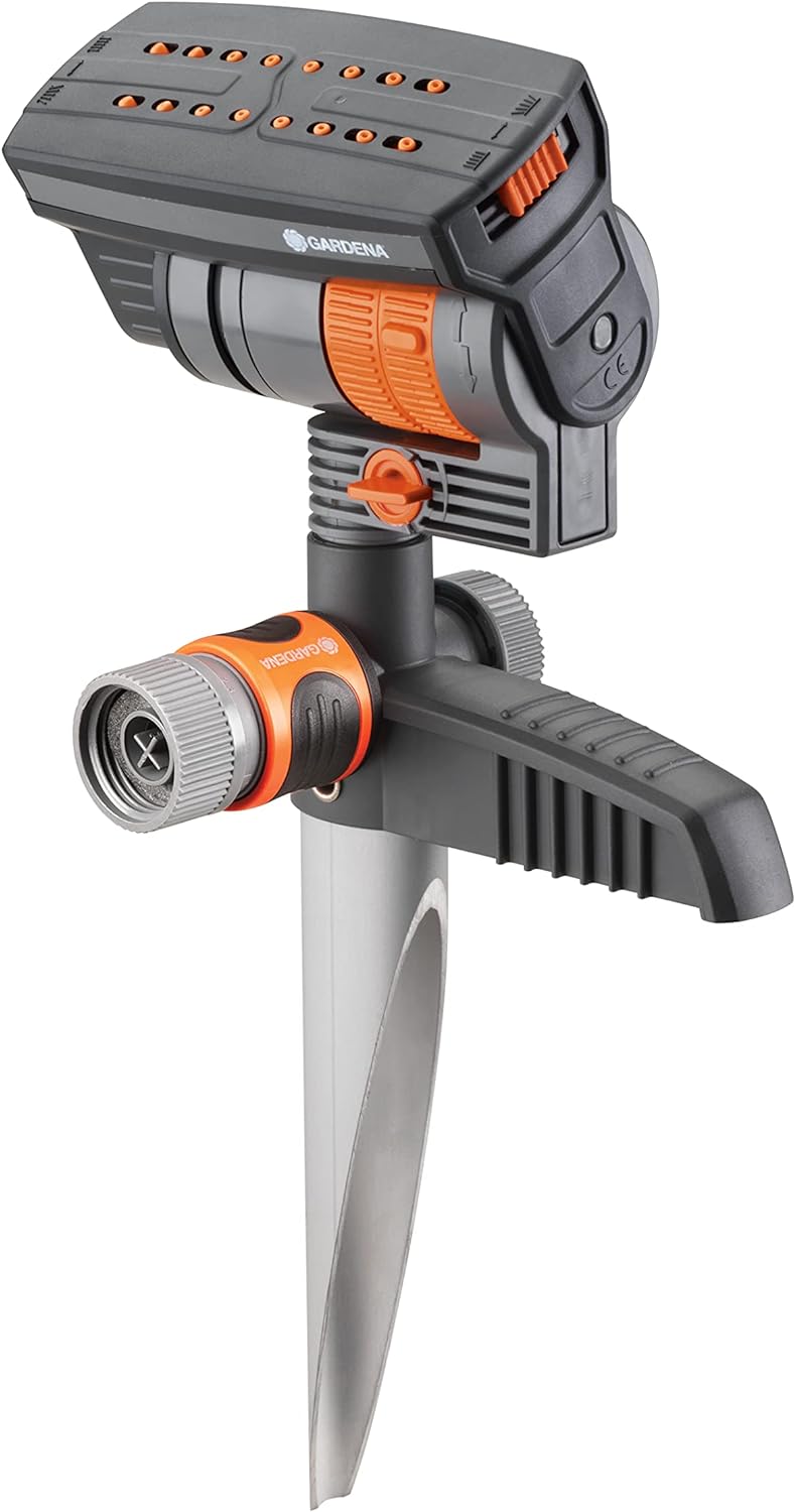 Gardena+38124+ZoomMaxx+Oscillating+Sprinkler+on+Metal+Step+Spike%2c+Grey%2c+Orange