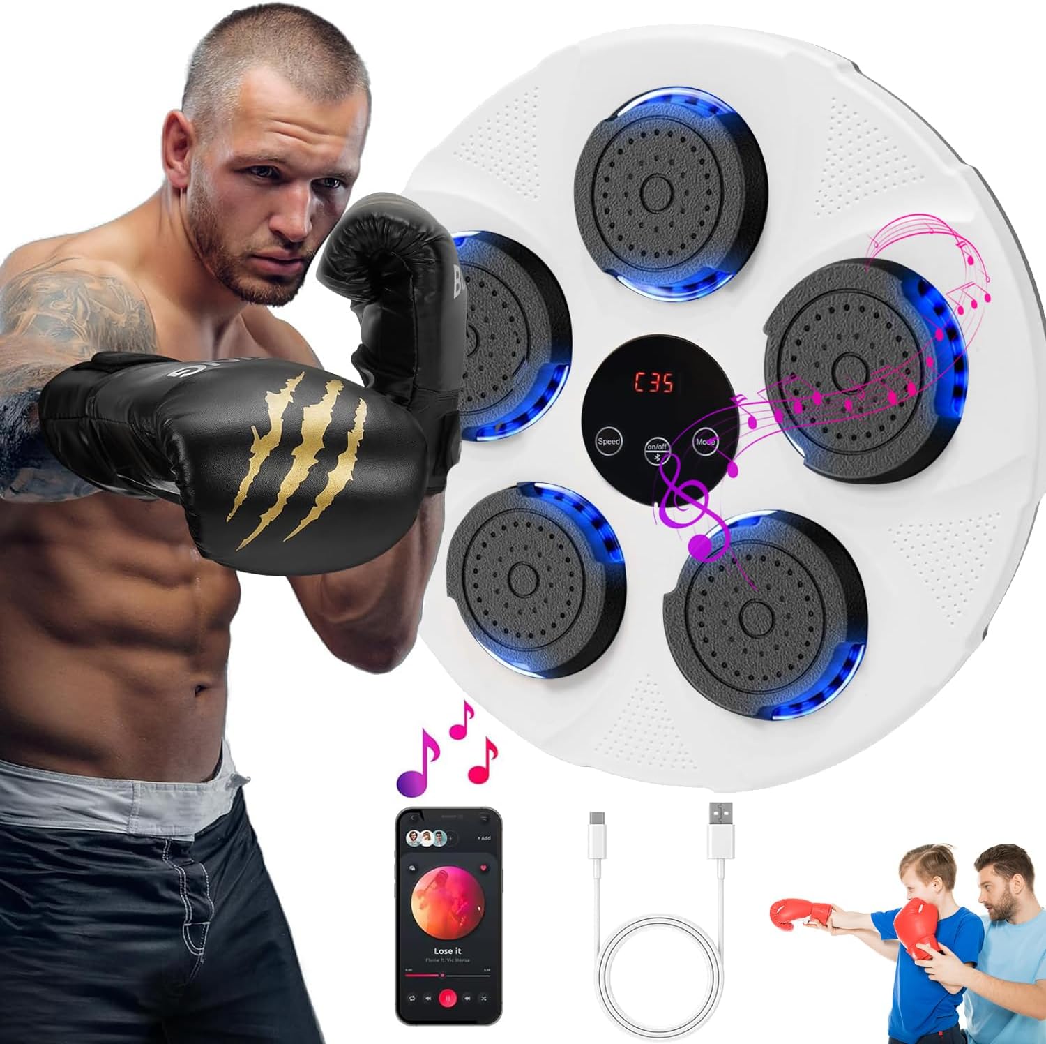 Music Boxing Machine, Wall Mounted Smart Bluetooth Boxing Machine for Adults & Kids, Electronic Boxing Workout Punch Equipment for Home, Indoor and Gym